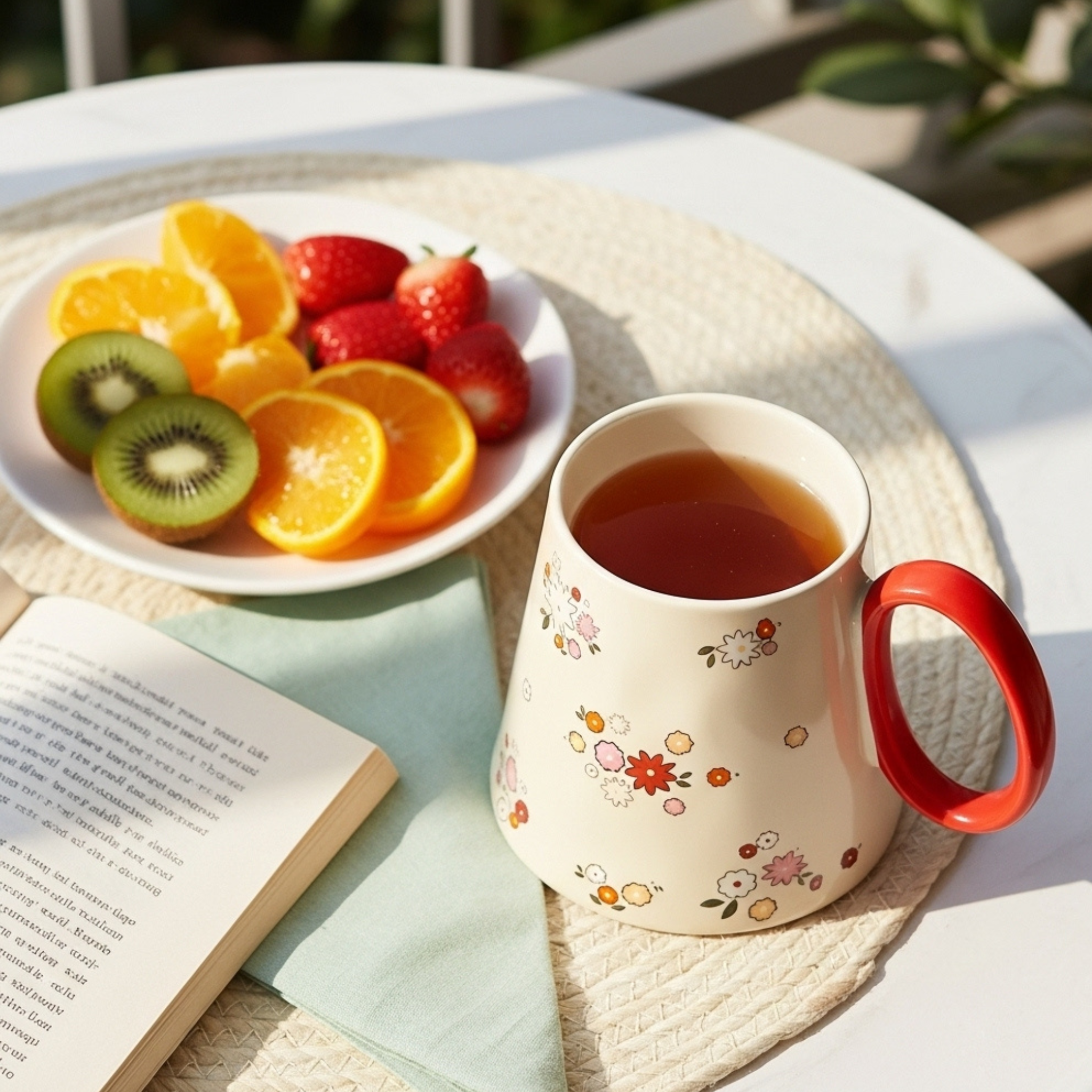 Mug fleuri en céramique – Anse rouge | Fiolla Home