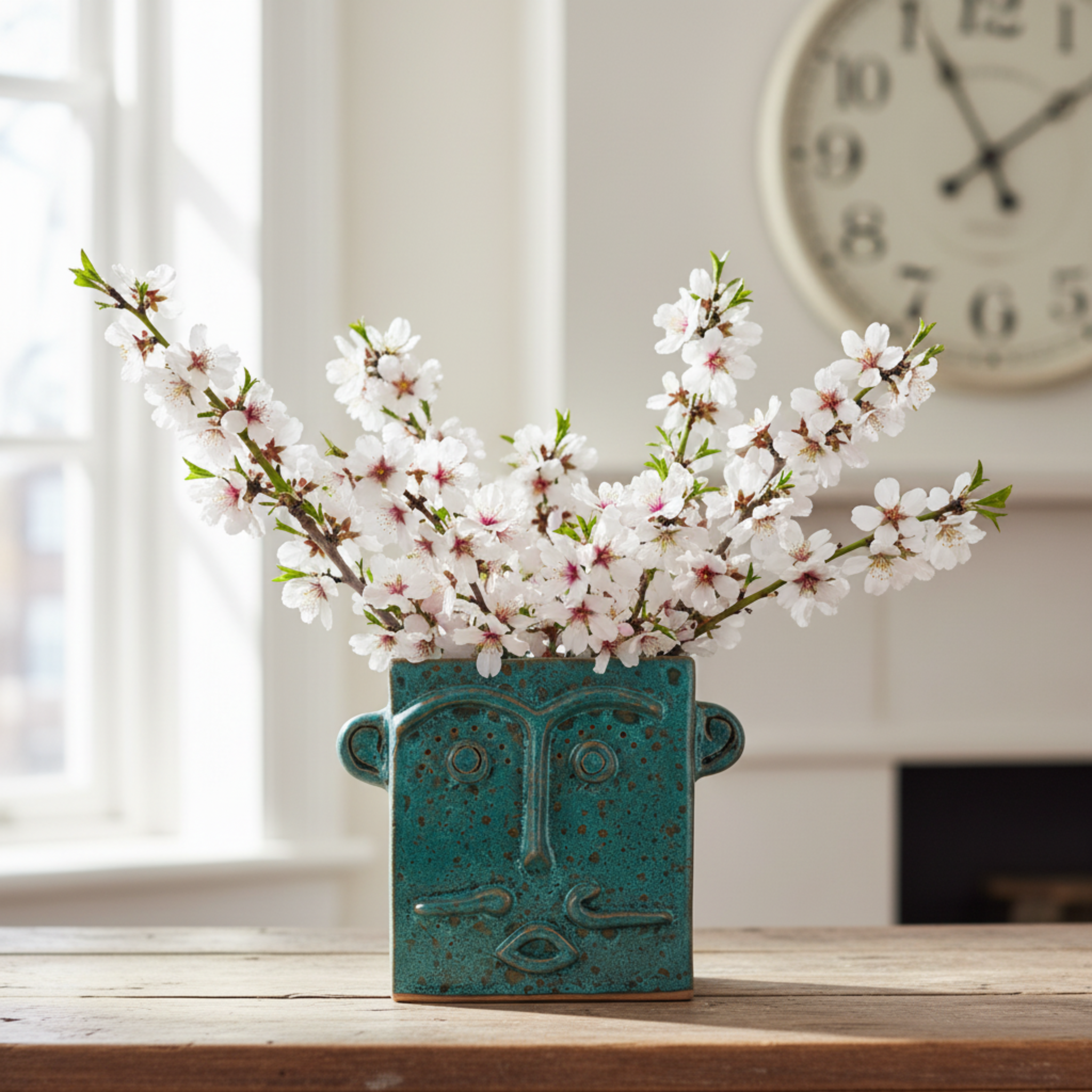 Vase Visage Carré en Céramique – Émail Émeraude Tunisien