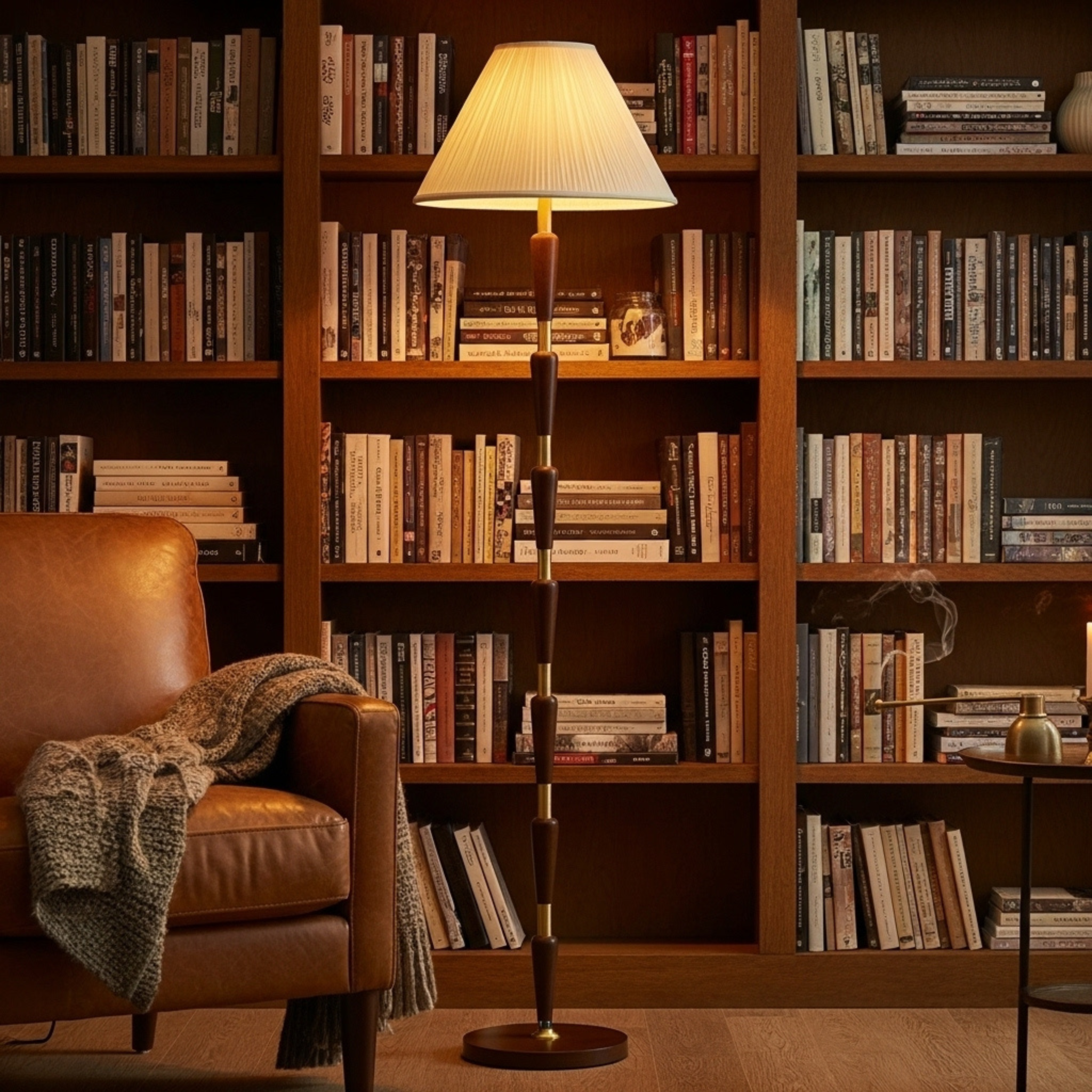 Lampadaire Mid-Century — laiton & noyer, abat-jour plissé crème