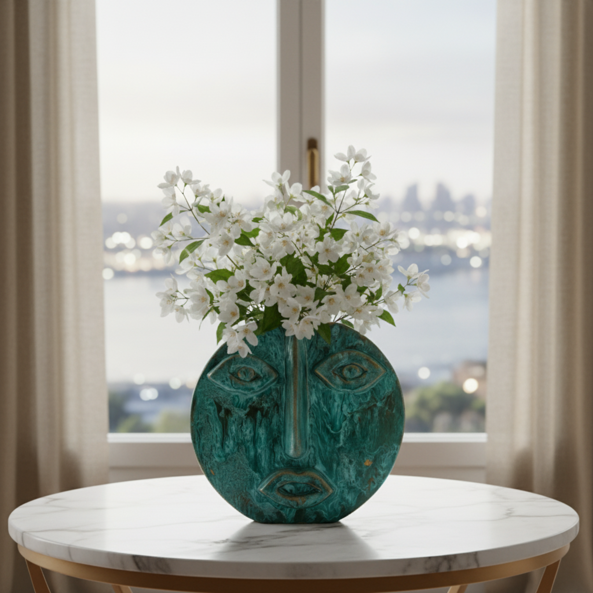 Vase Visage Rond en Céramique – Émail Émeraude Tunisien