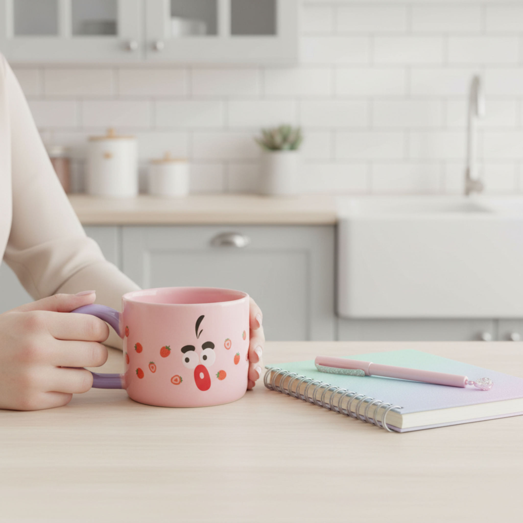 Mug Rose "Visage Surpris" & Fraises – Tasse Céramique Originale Tunisie