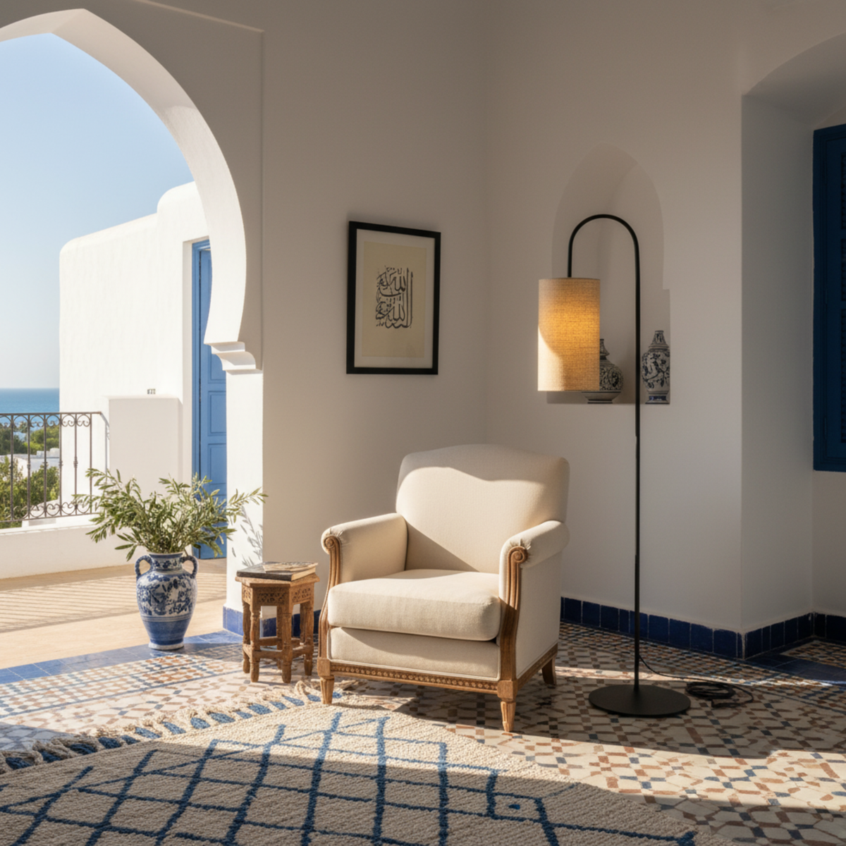 Lampadaire Arc Métal Noir Abat-Jour Lin Beige Design | Fiolla Home