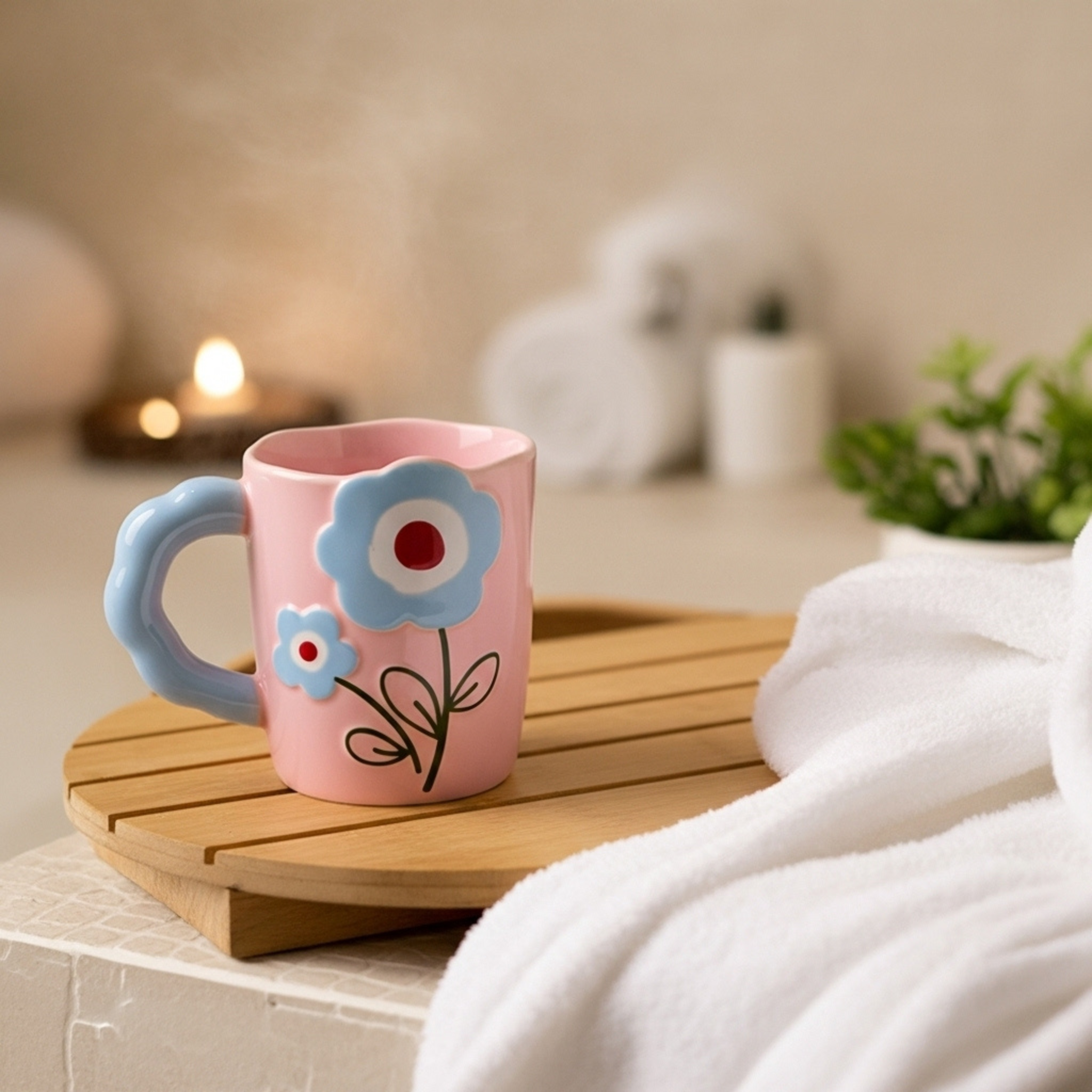 Mug rose motif fleurs – Idée cadeau café/thé Tunisie