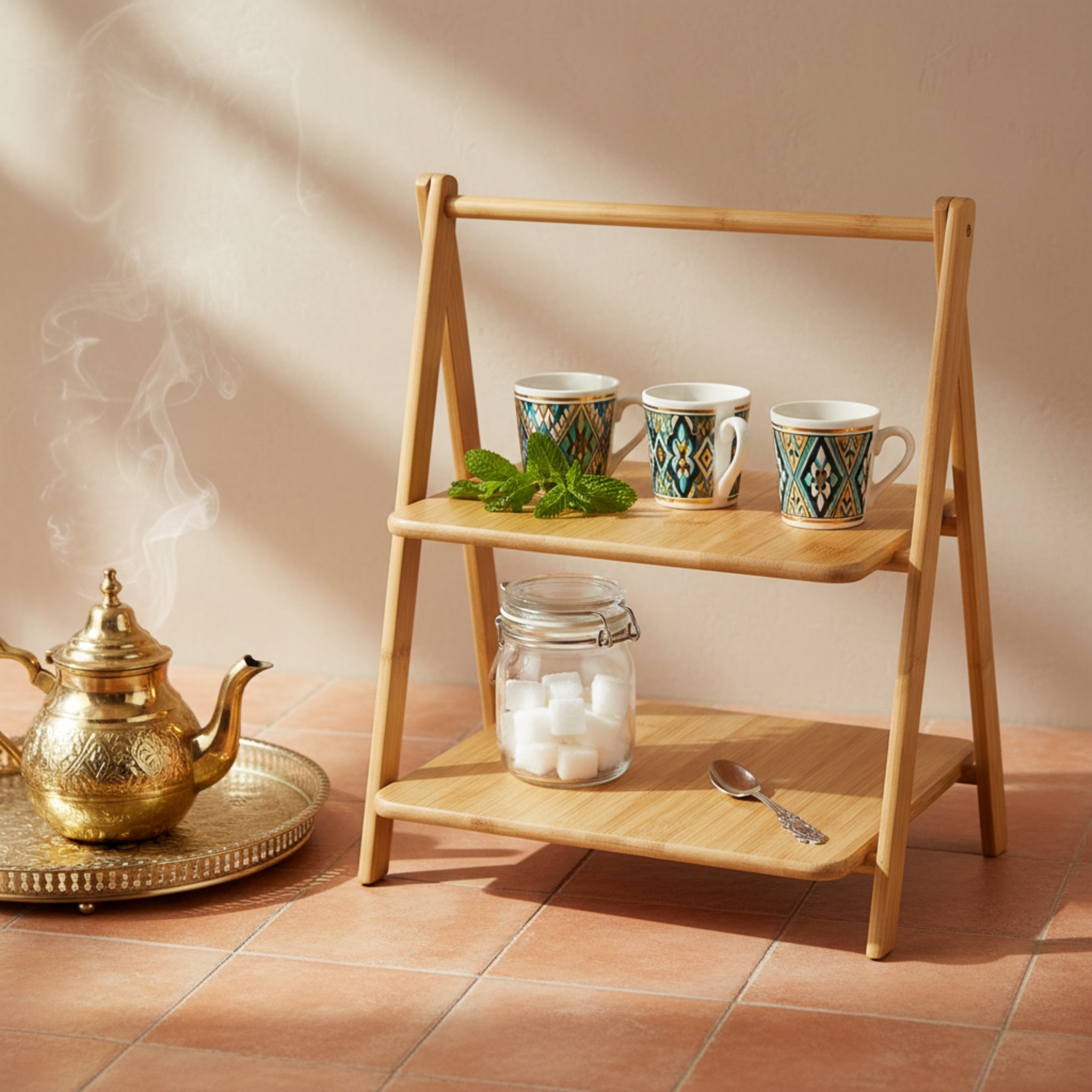 Étagère de Table en Bambou 2 Niveaux - Rangement Cuisine & Coin Café