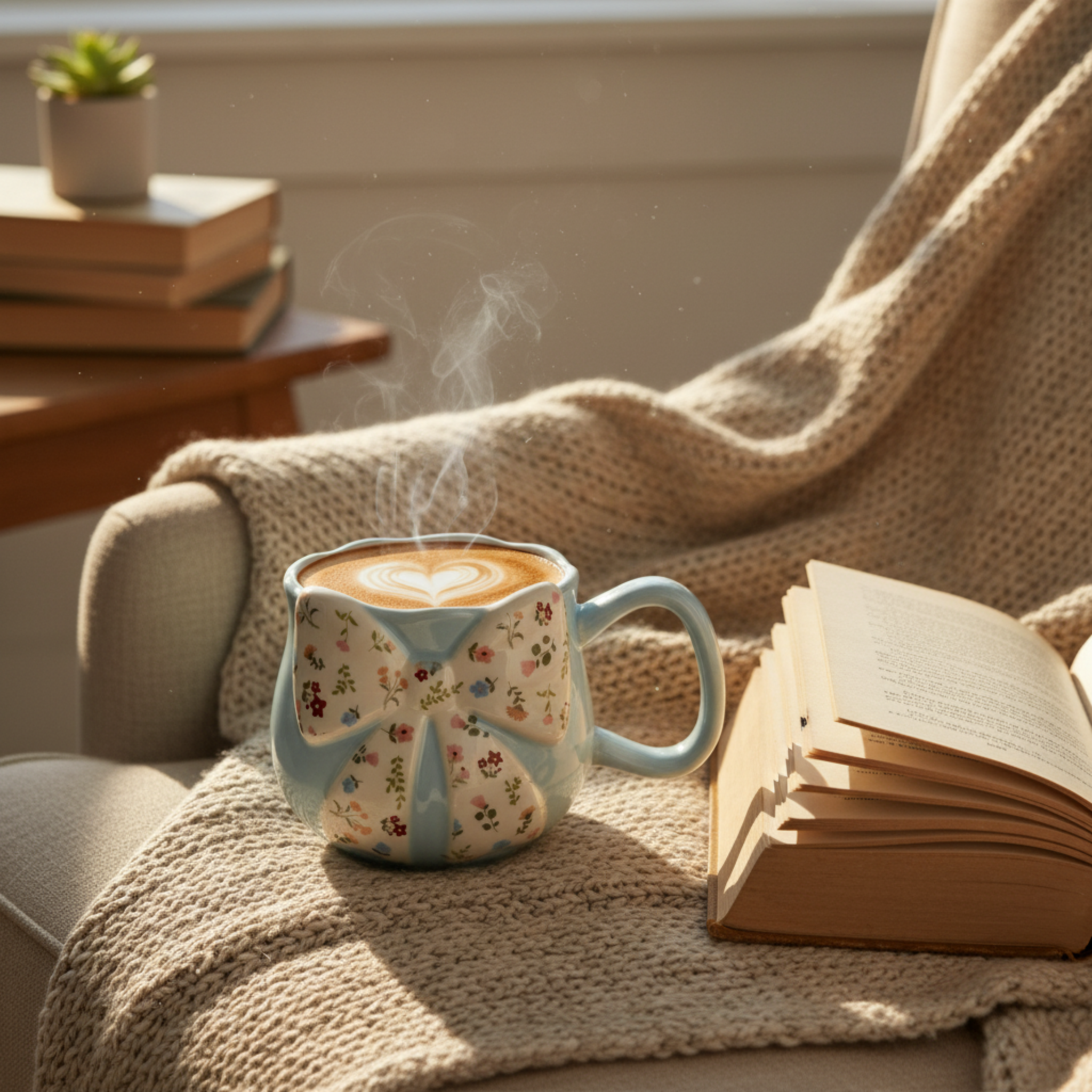 Mug Céramique Bleu Pastel & Nœud Floral – Tasse "Coquette" Tendance