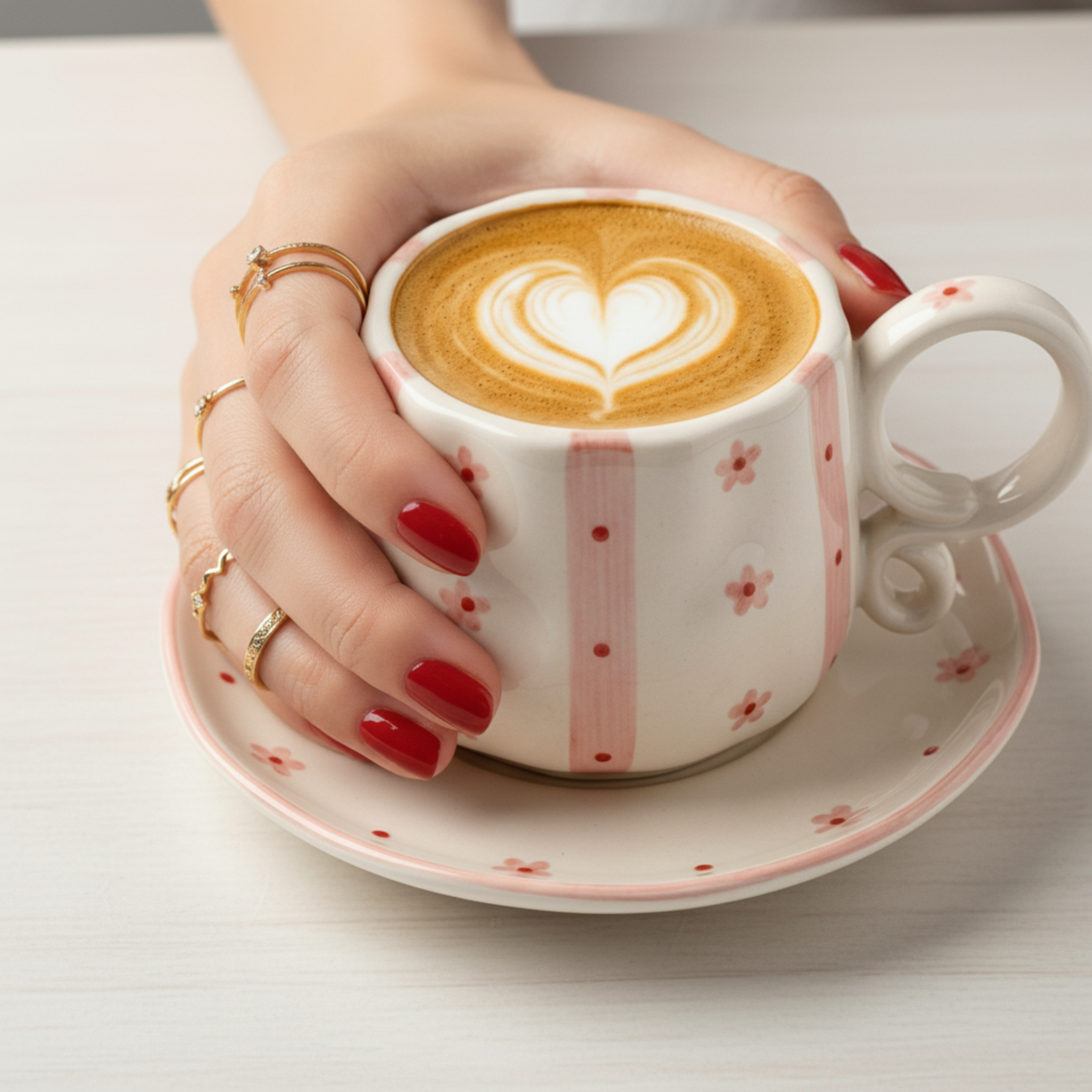 Tasse Céramique Artisanale Motif Floral Rose & Rayures avec Soucoupe