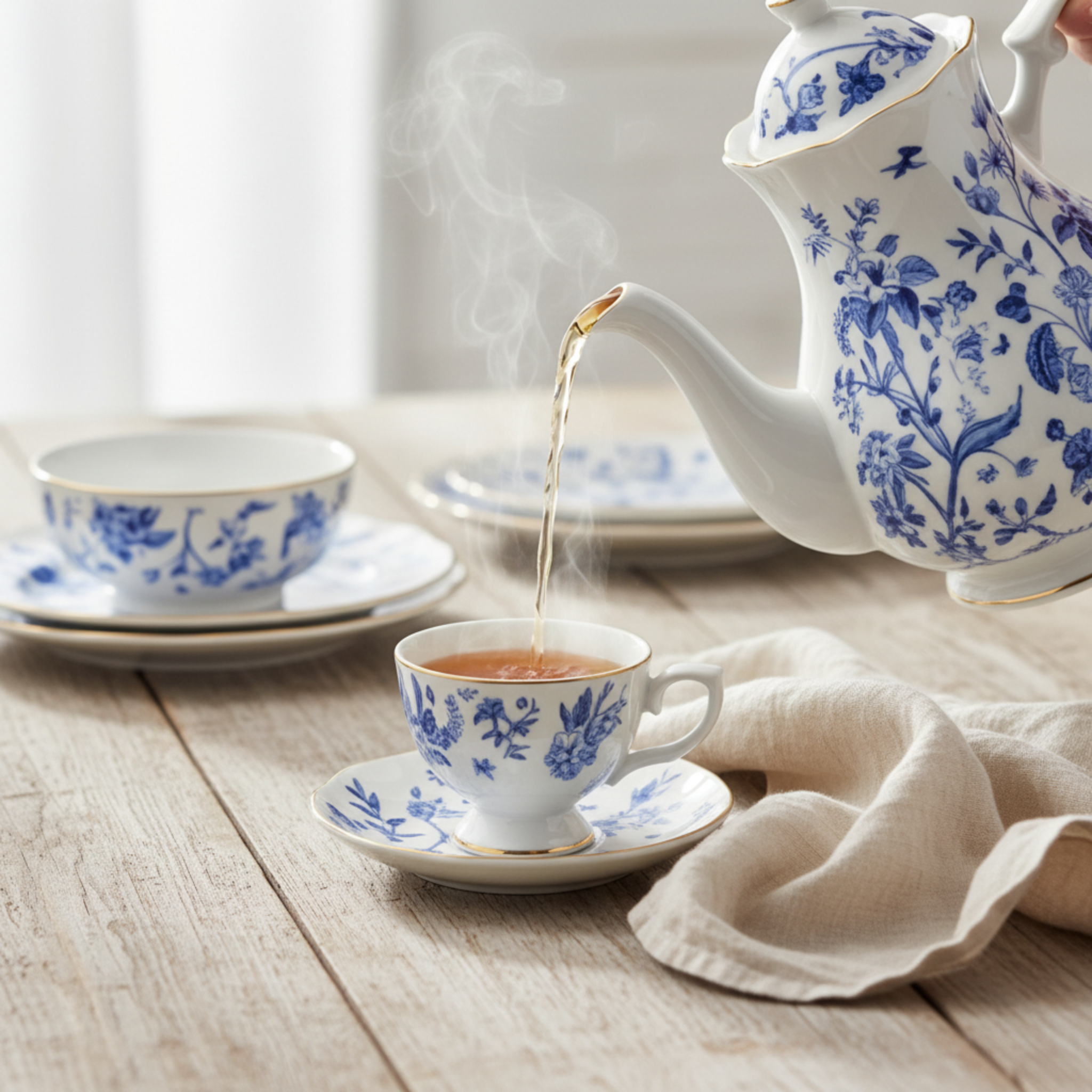 Service Petit Déjeuner 29 Pièces – Porcelaine Bleue & Dorure