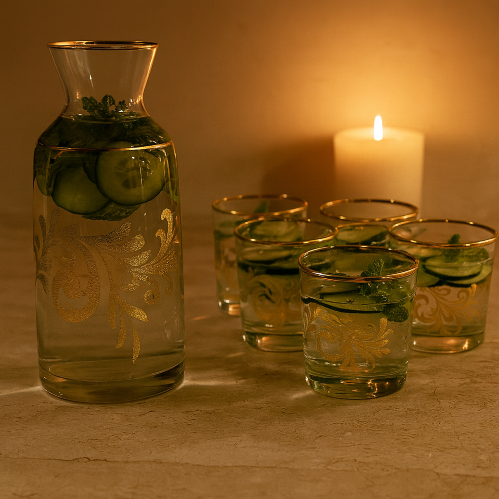 Service Eau/Jus Cristal Doré | Carafe + 6 Verres | Fiolla Home