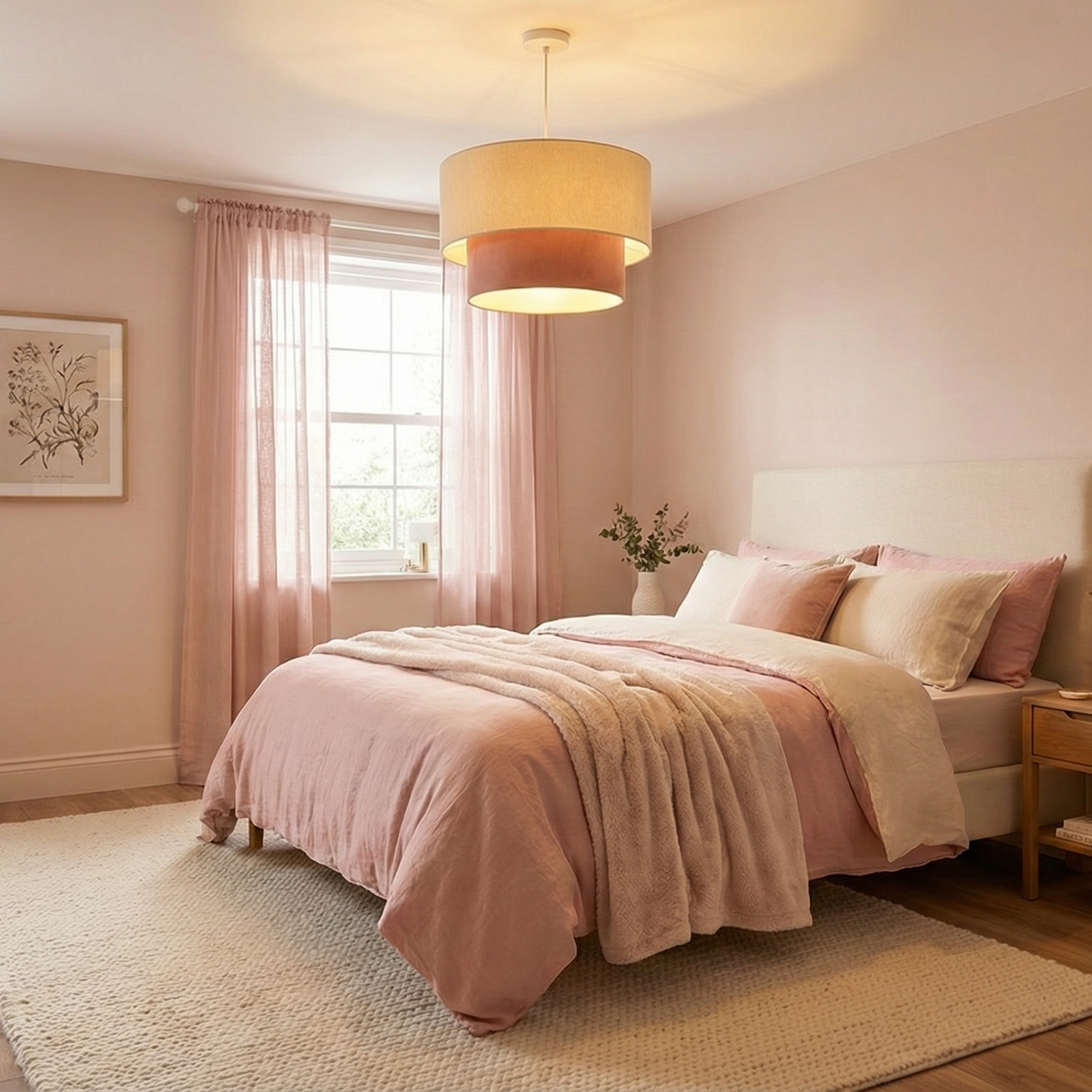 Suspension Double Abat-Jour Beige & Vieux Rose - Lustre Moderne Tunisie