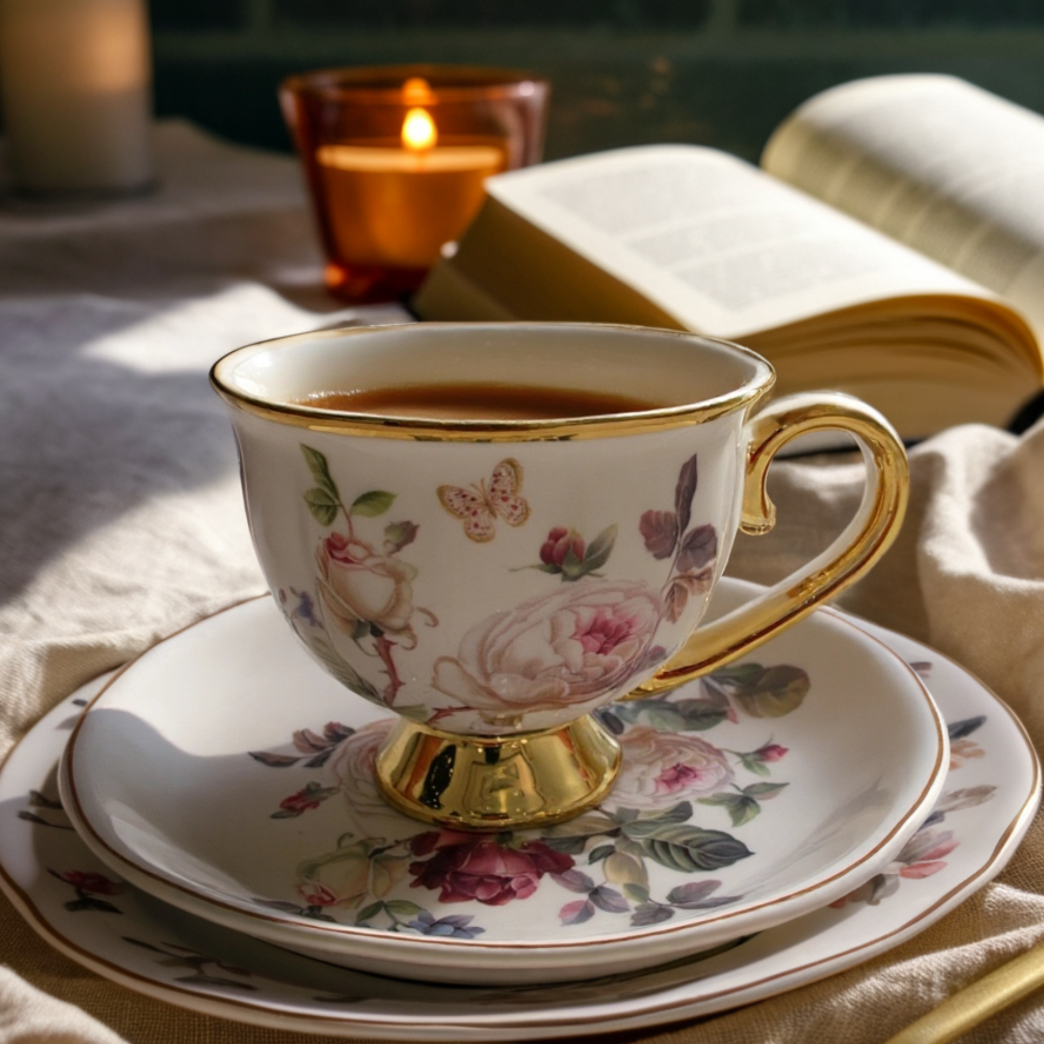Service Café au Lait en Porcelaine Fleurie | Élégance Dorée | Fiolla Home