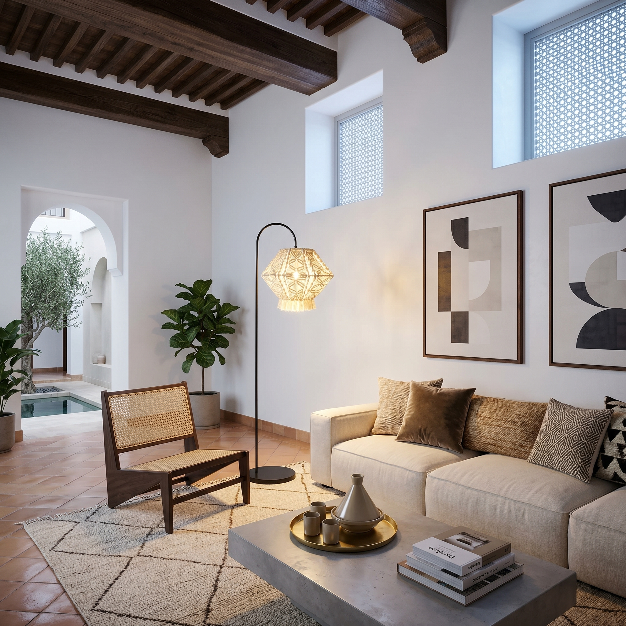 Lampadaire Arc Macramé | Pied Noir Base Ronde | Fiolla Home
