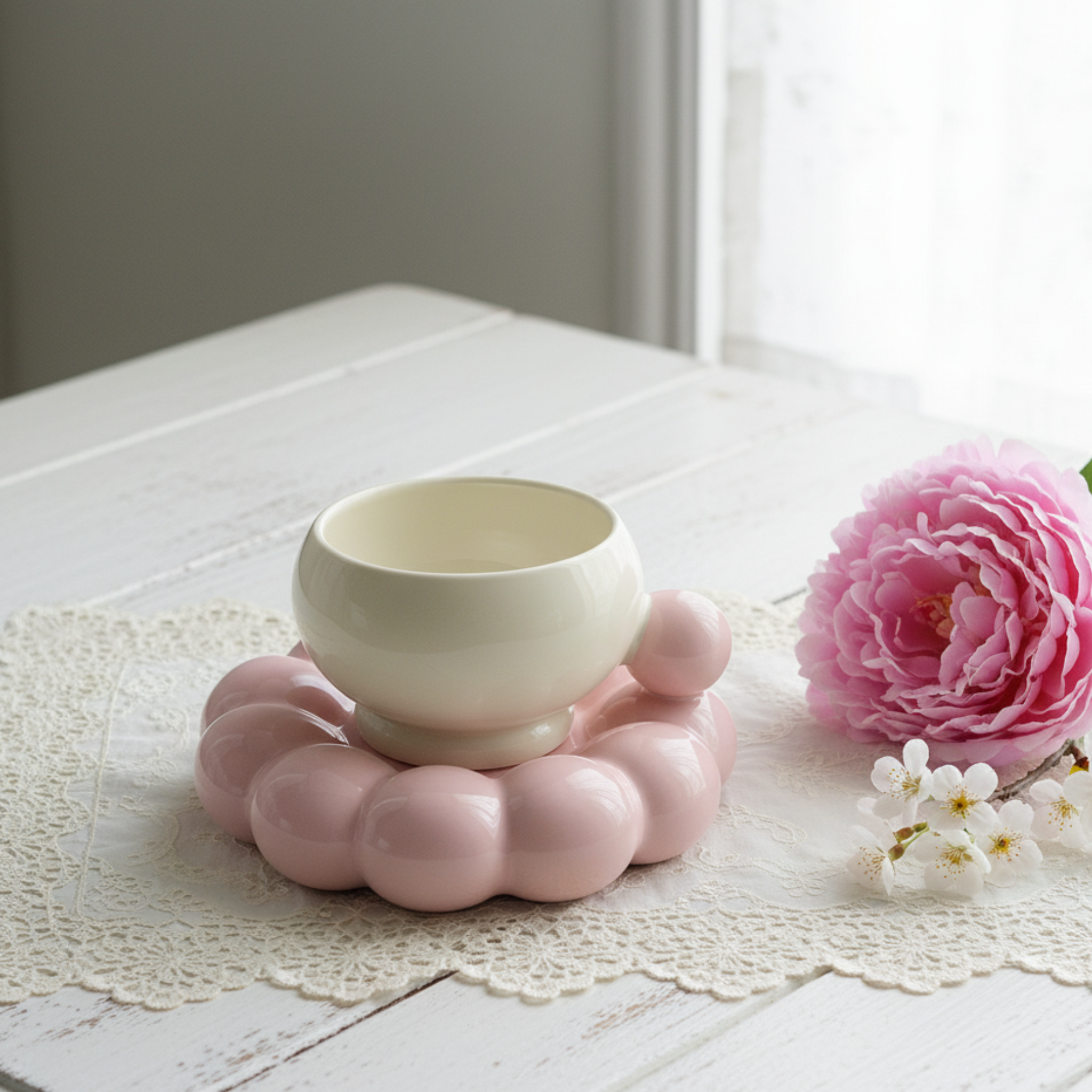 Tasse Bubble Rose avec Sous-Tasse Perles | Café au Lait Tunisie | Fiolla Home