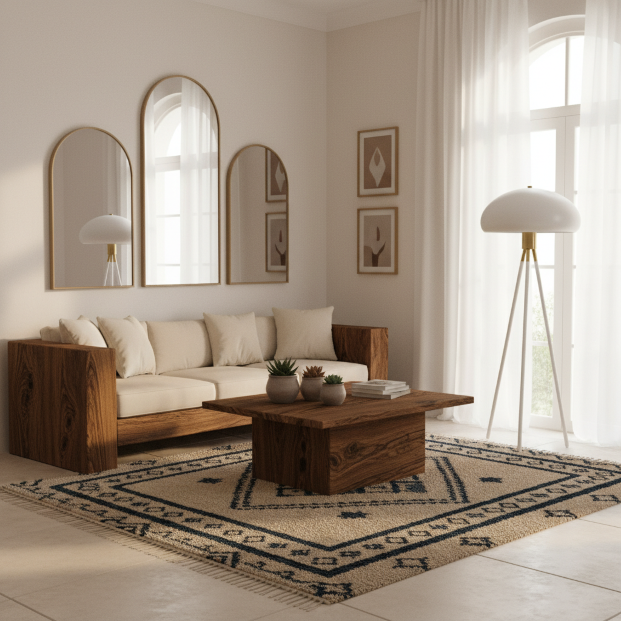 Lampadaire Trépied Design Blanc & Doré – Éclairage Scandi-Chic Tunisie