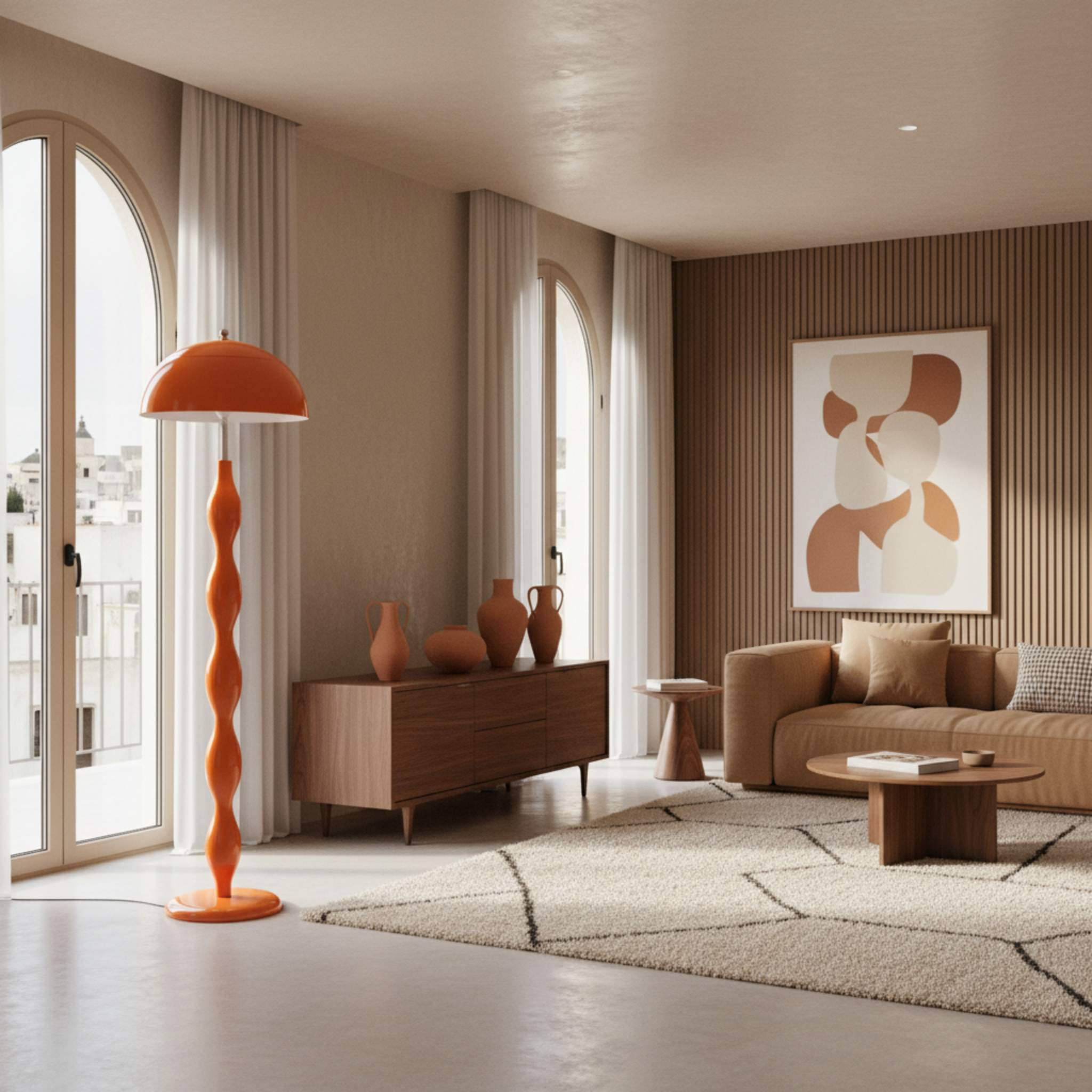 Lampadaire Ondulé Orange Terracotta – Luxe Fait Main Tunisie