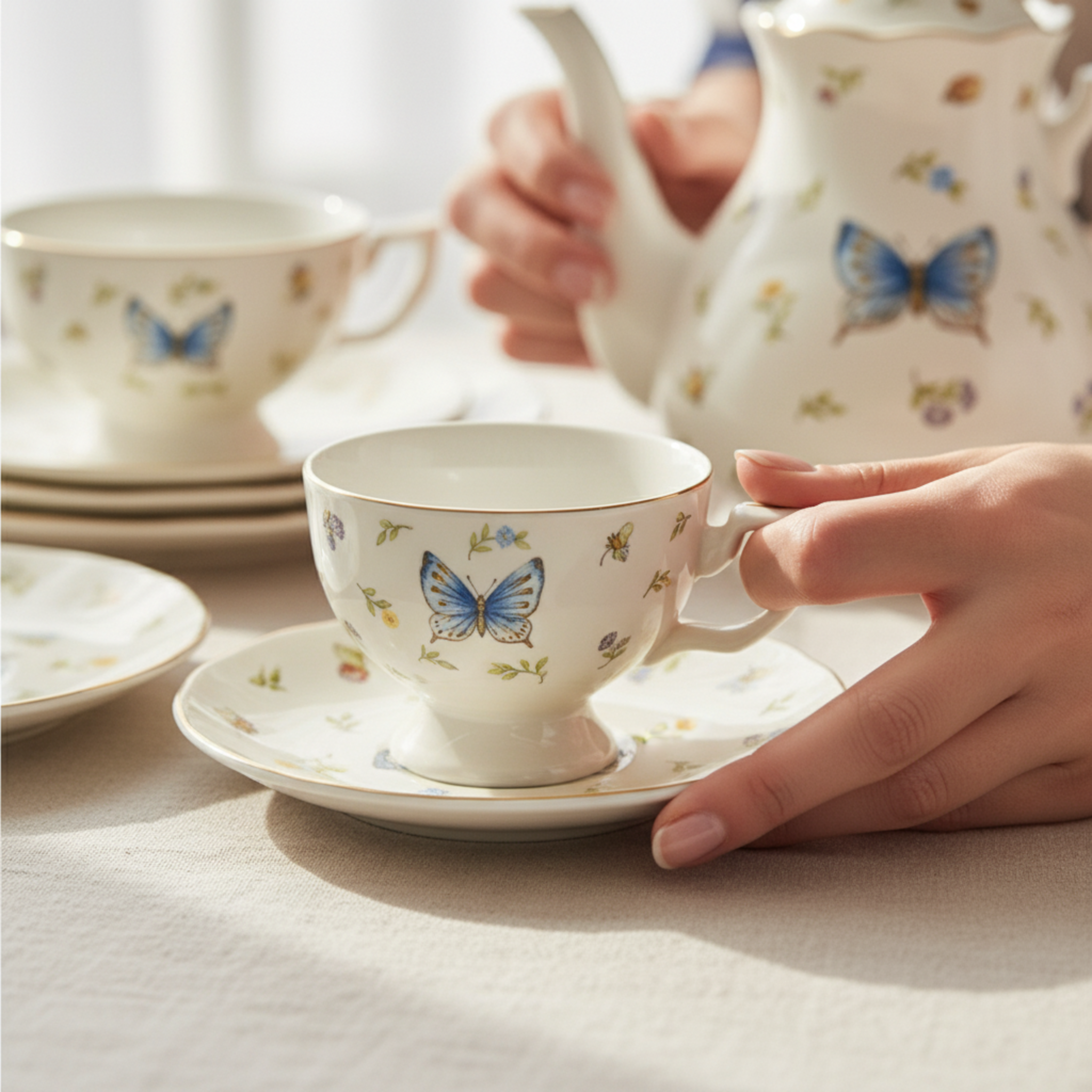 Service Petit Déjeuner Complet 29 Pièces - Porcelaine Motif Papillon