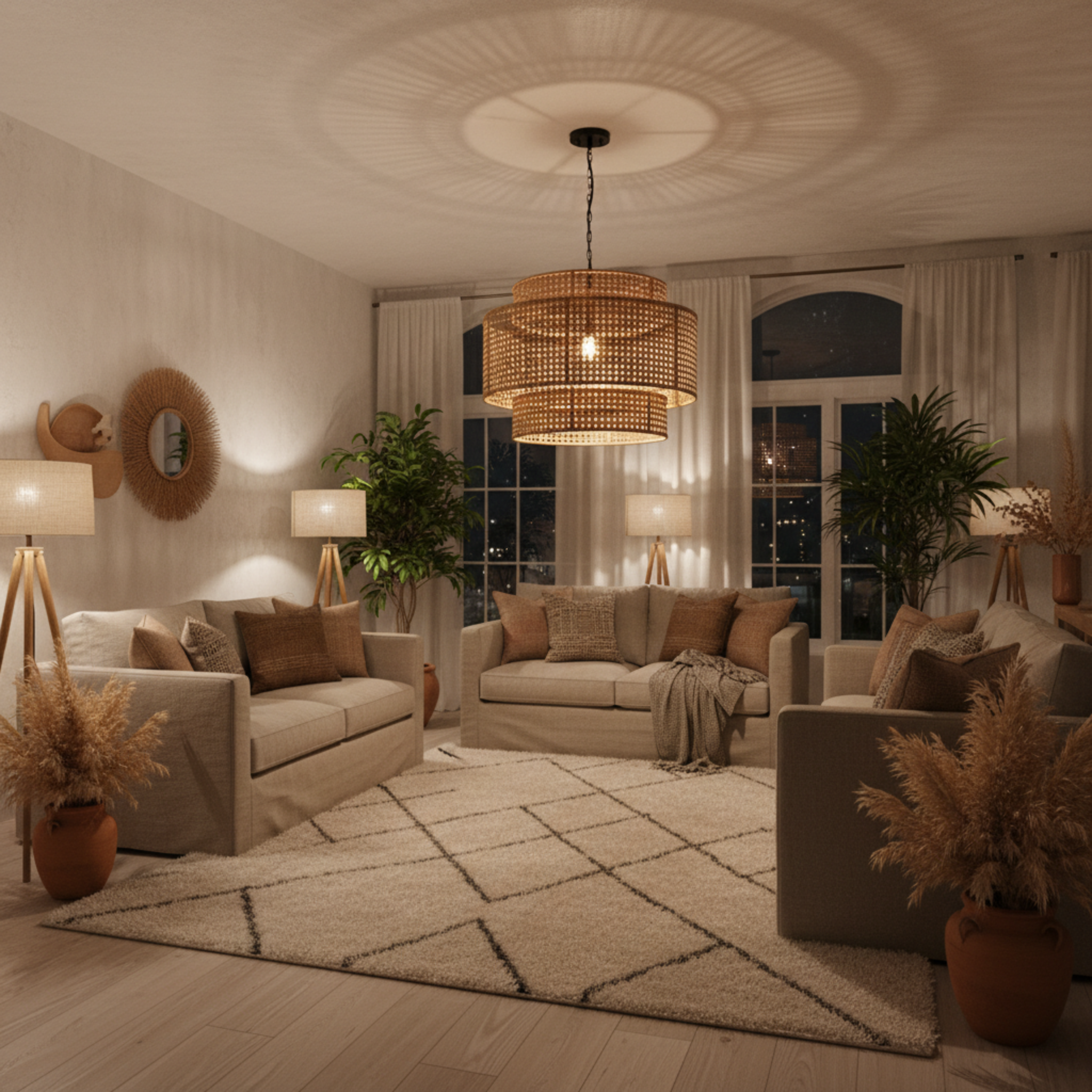 Suspension Triple en Rotin Naturel – Lustre Bohème Chic & Tendance