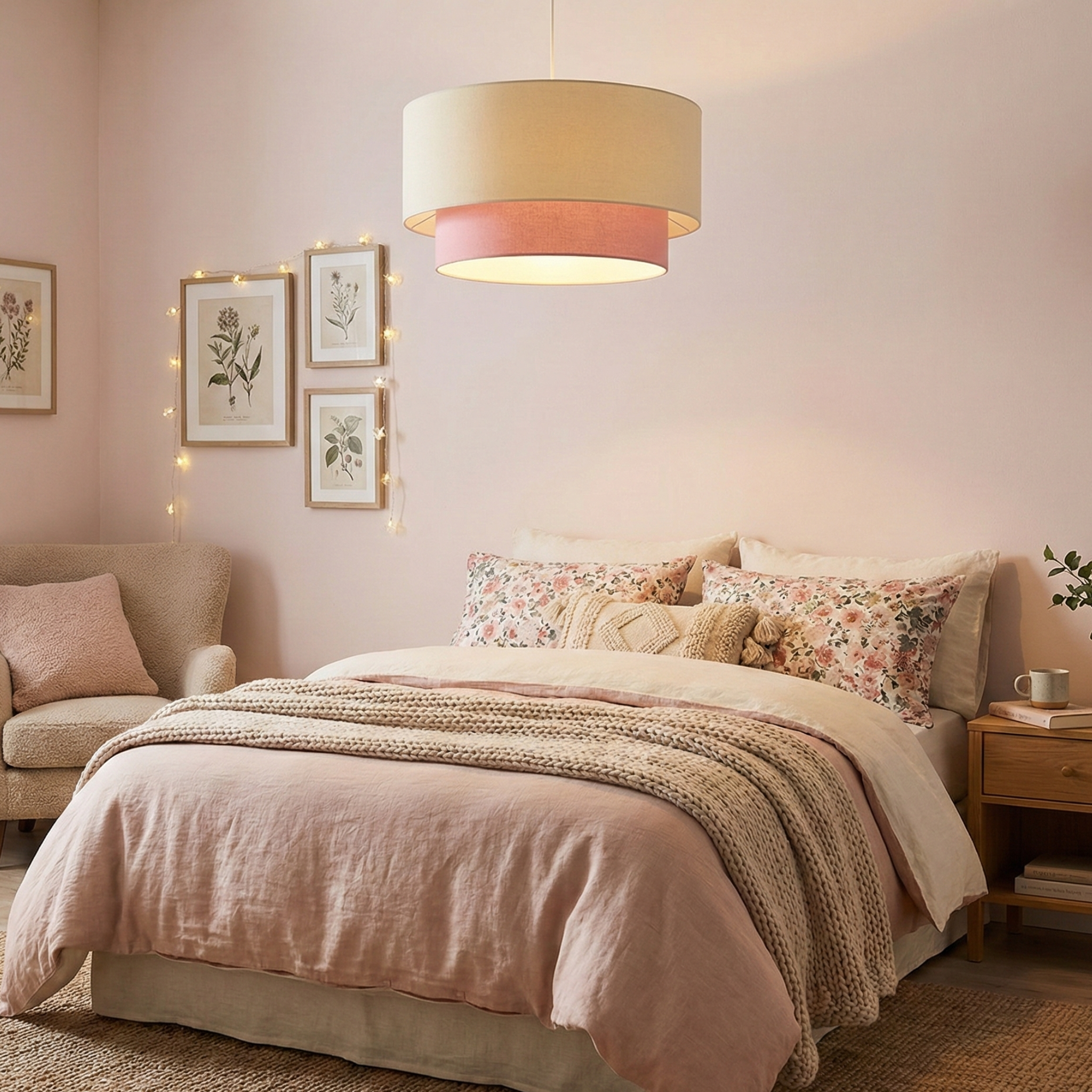 Suspension Double Abat-Jour Beige & Vieux Rose - Lustre Moderne Tunisie