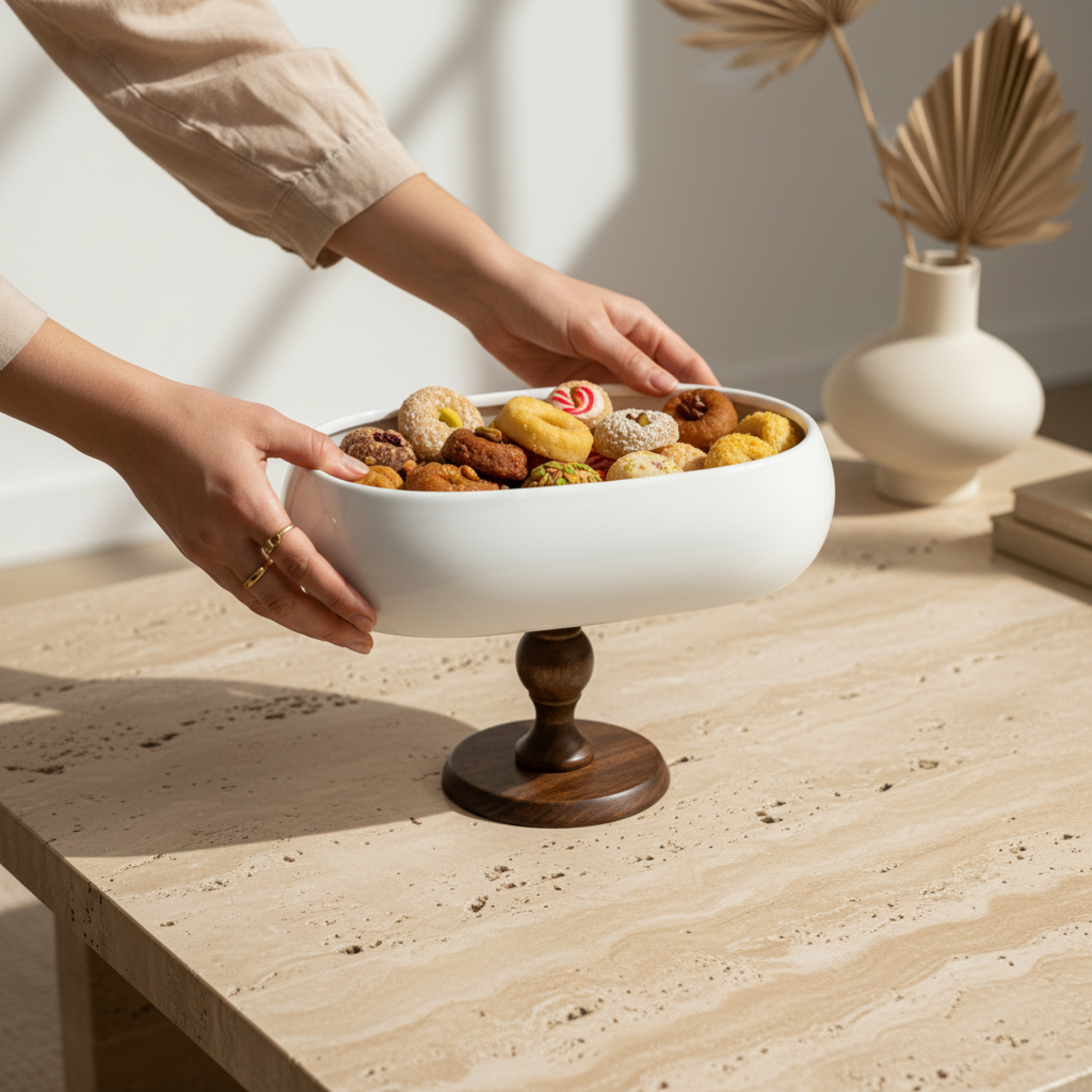 Coupe sur Pied Design – Présentoir Ovale Céramique Blanche & Bois