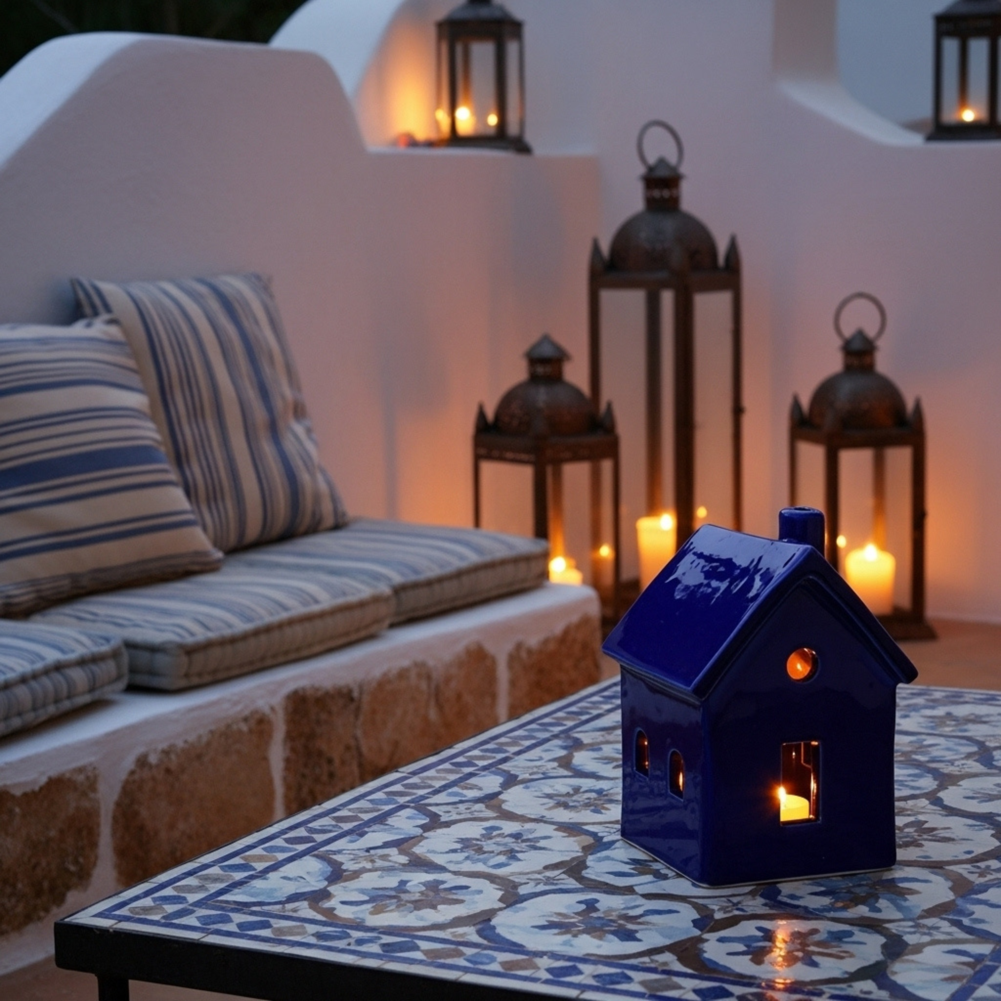 Cache-Bougie Maison en Céramique Bleu Sidi – Lueur Cocooning