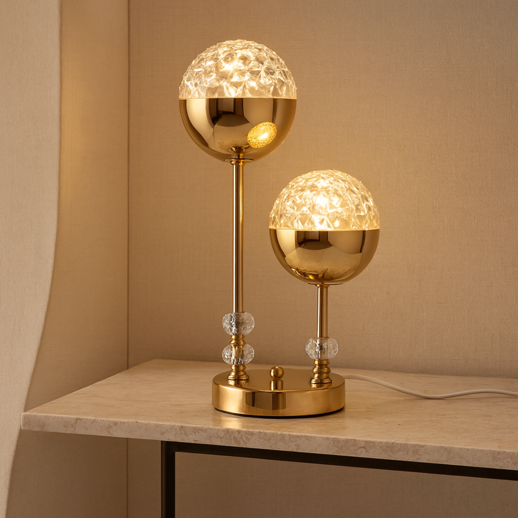 Lampe de Chevet Cristal Doré à Double Globe – Style Luxe