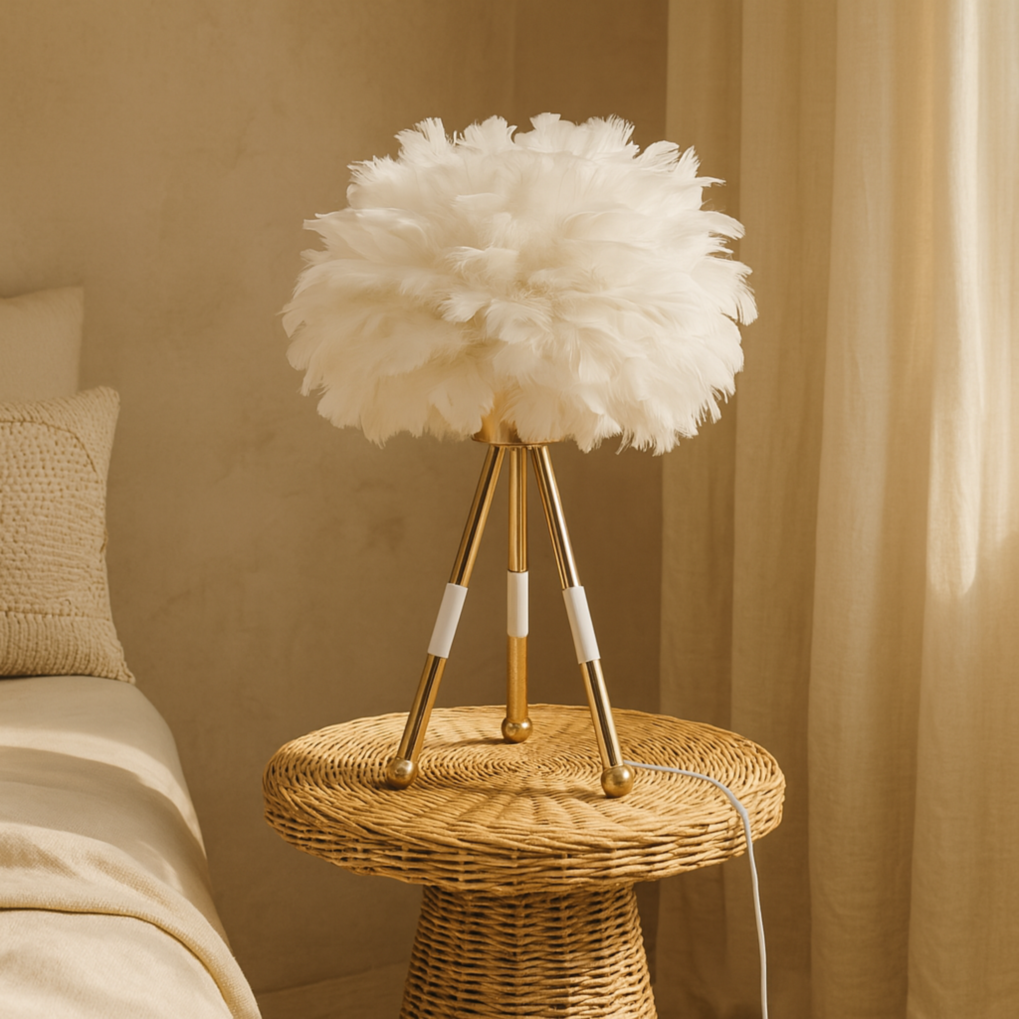 Lampe à Plumes Tripode Blanc et Doré – Design Bohème Chic