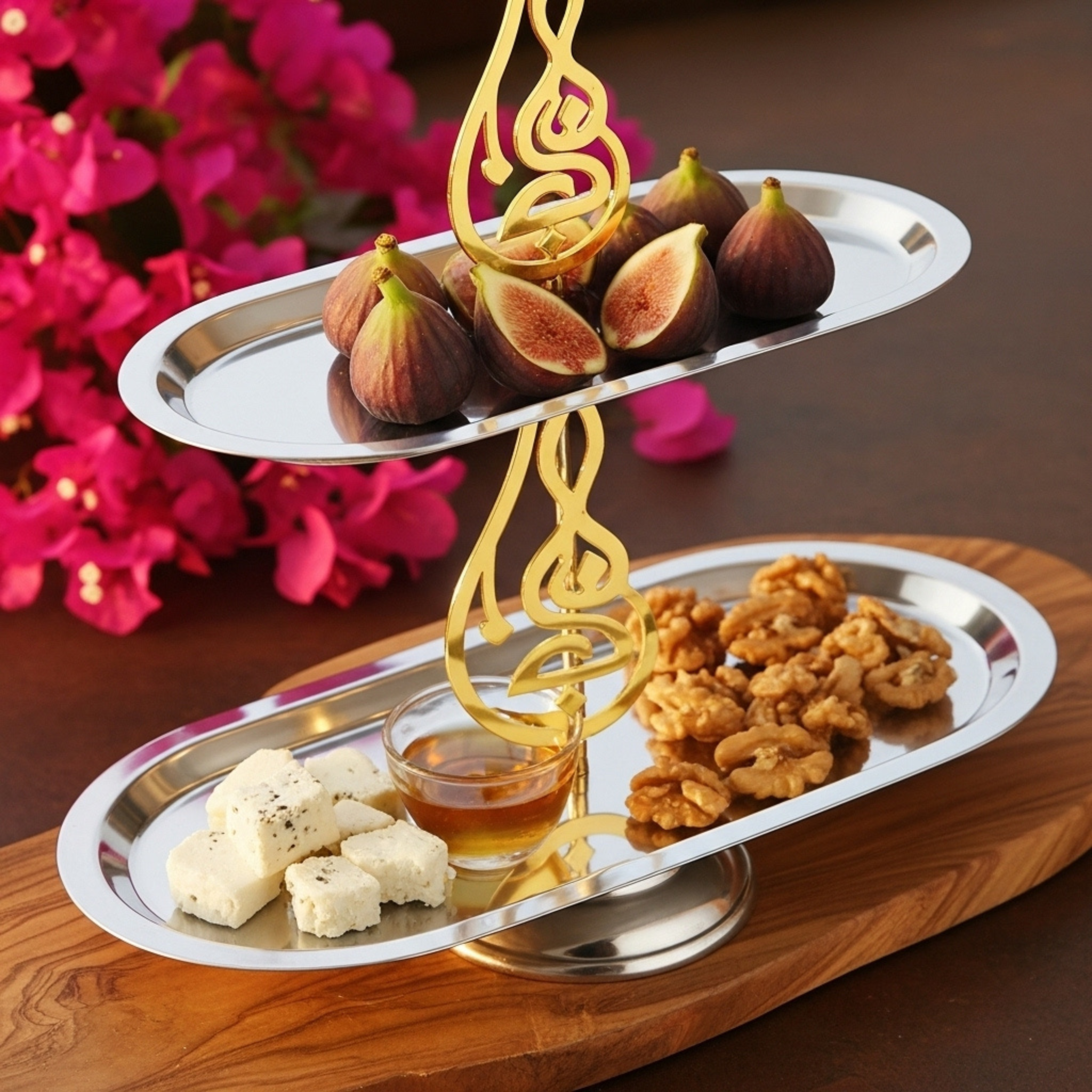 Présentoir Inox 2 Niveaux – Calligraphie Dorée | Fiolla Home Tunisie