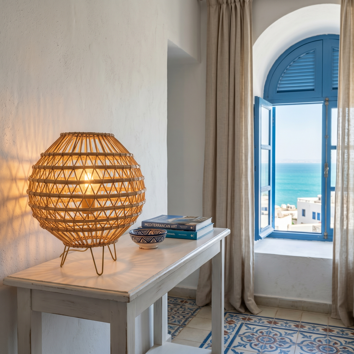 Lampe à Poser Palmier Tunisie | Boule Tressée Bohème | Fiolla Home
