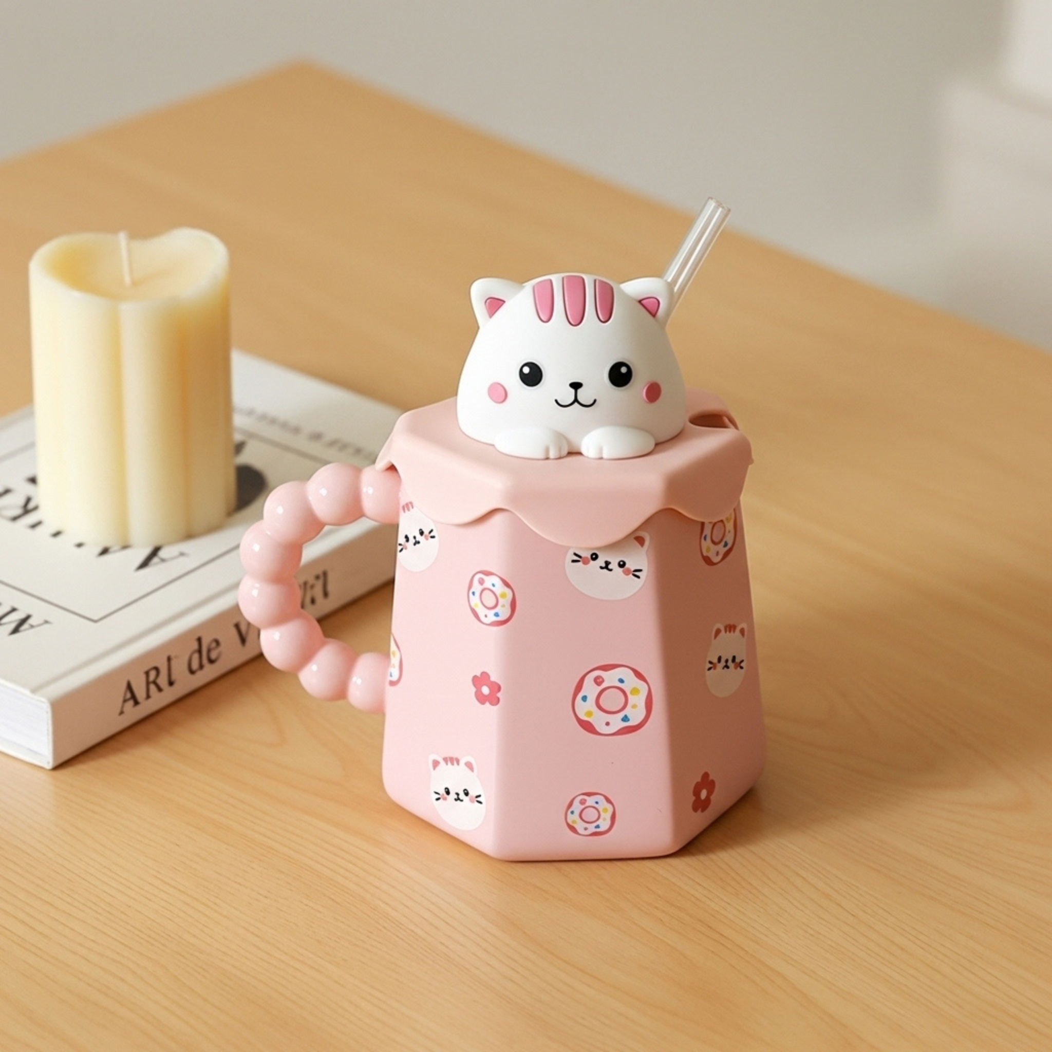 Mug Chat Rose avec Paille – Couvercle 3D & Poignée Perlée
