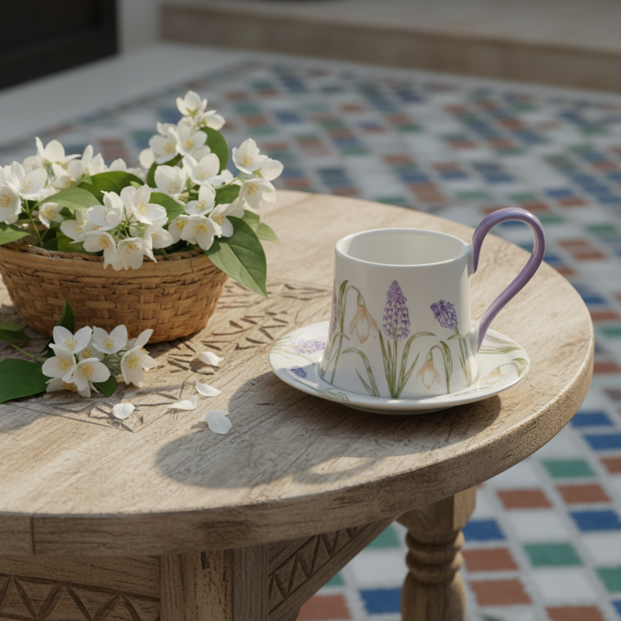 Mug Fleurs Lilas en Céramique avec Sous-Tasse – Style Élégant