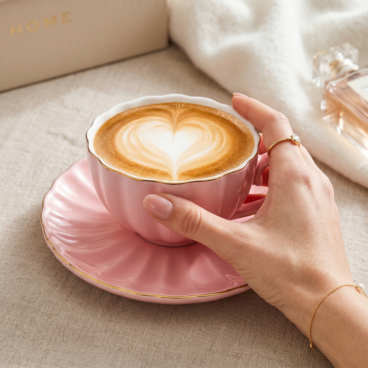 Tasse à Café Rose & Soucoupe Dorée | Porcelaine Premium | Fiolla Home