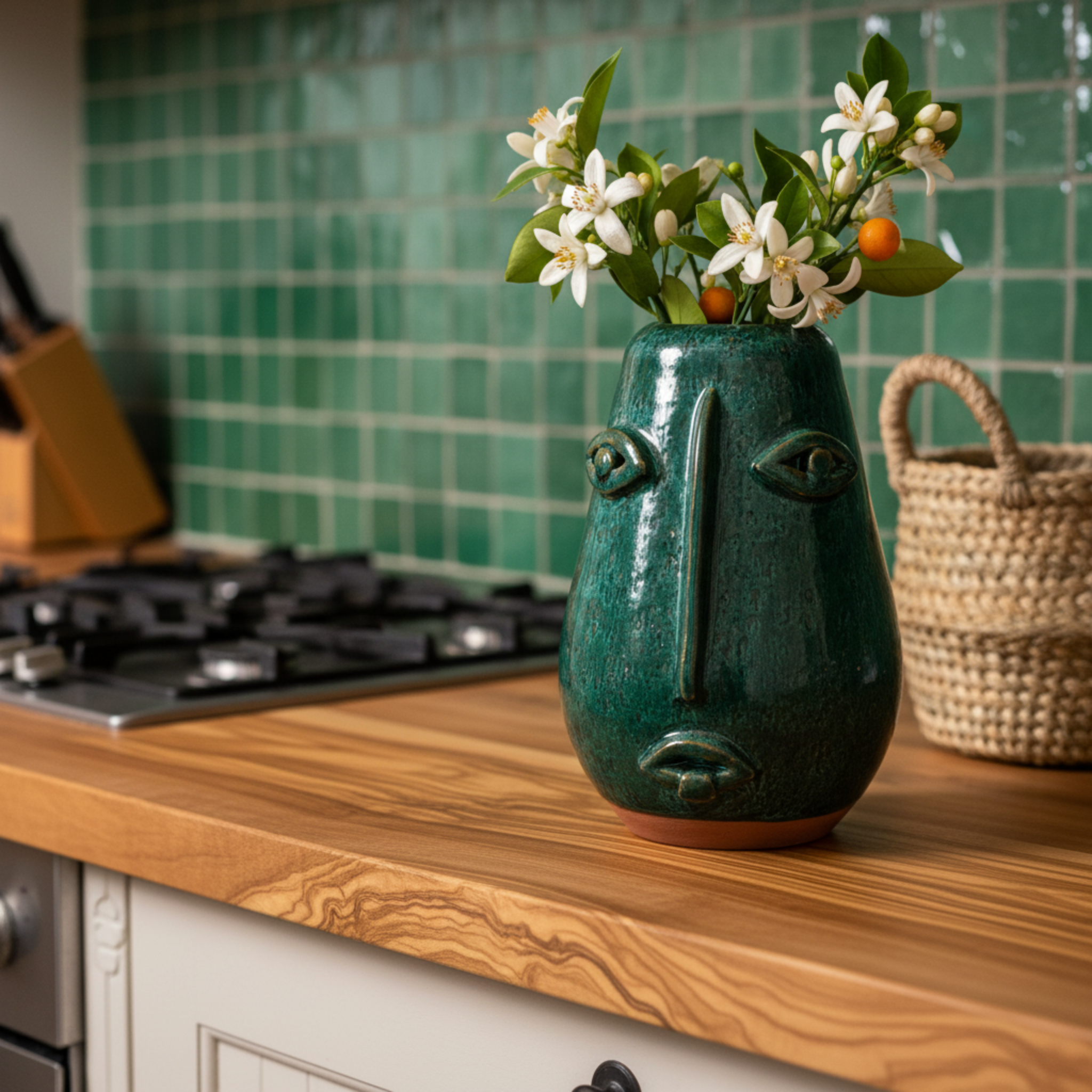 Vase Visage en Céramique Émaillée – Vert Émeraude, style tunisien