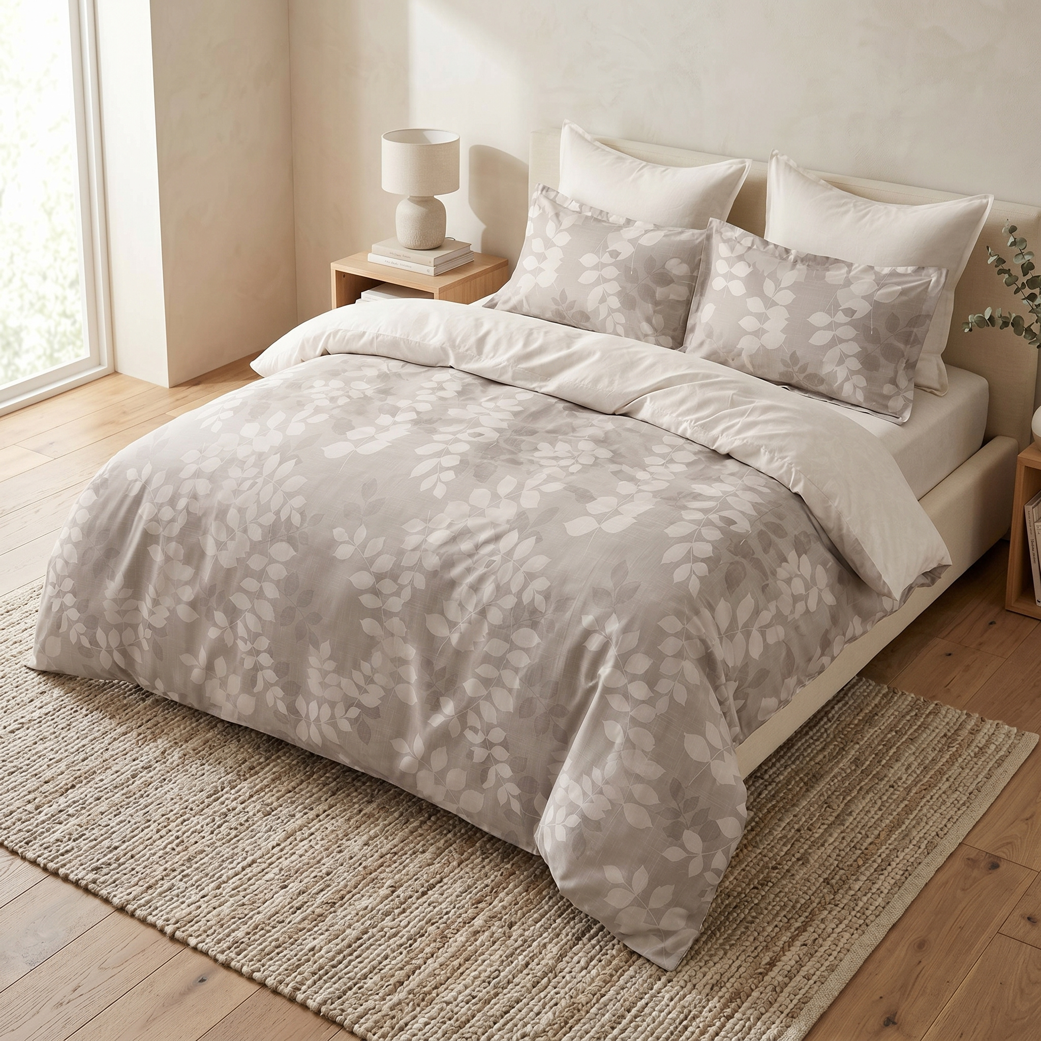 Ensemble Parure de Lit Satin Coton Motif Feuillage Beige | Fiolla Home