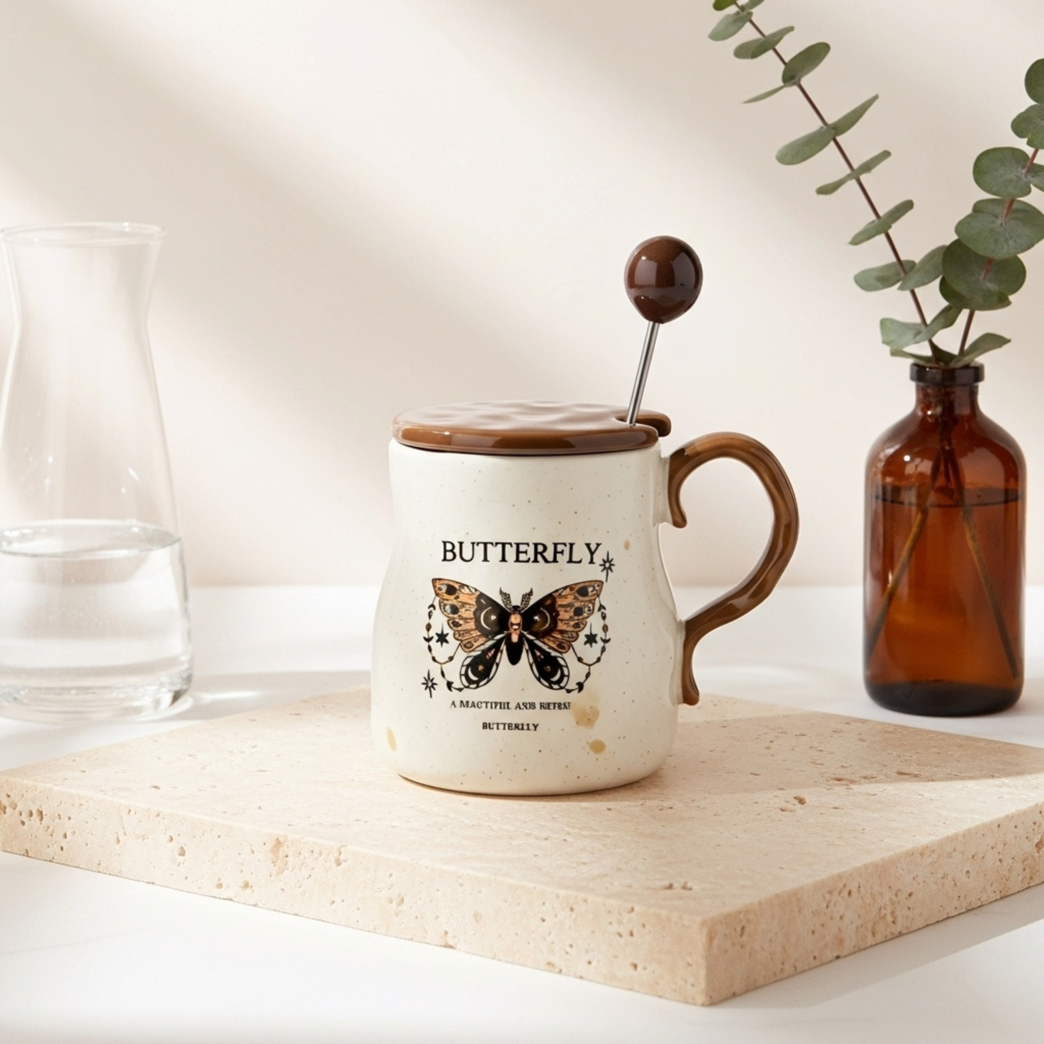 Mug Butterfly Rétro en Céramique – Couvercle & Cuillère