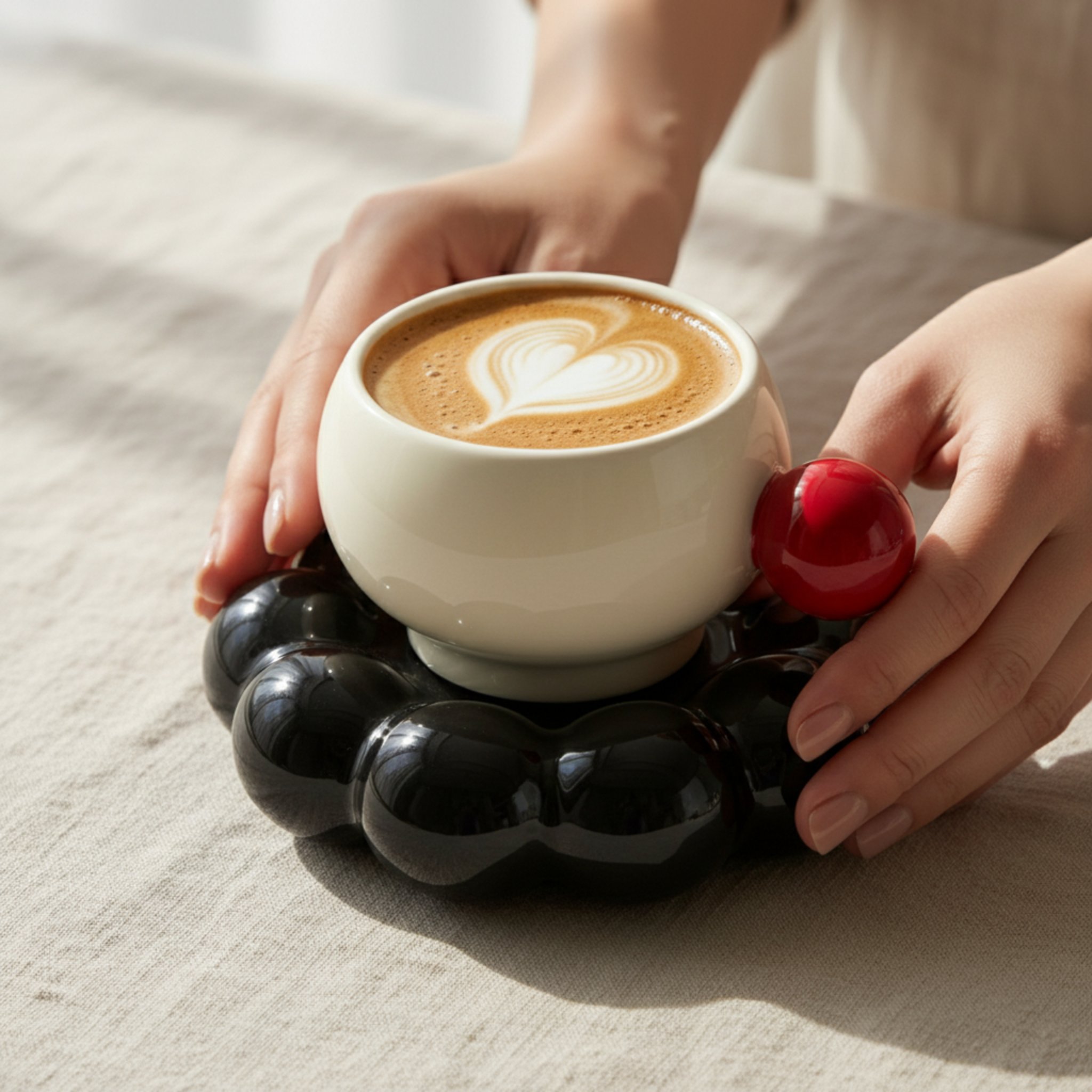 Tasse Design "Bubble" Céramique – Soucoupe Noire & Anse Rouge