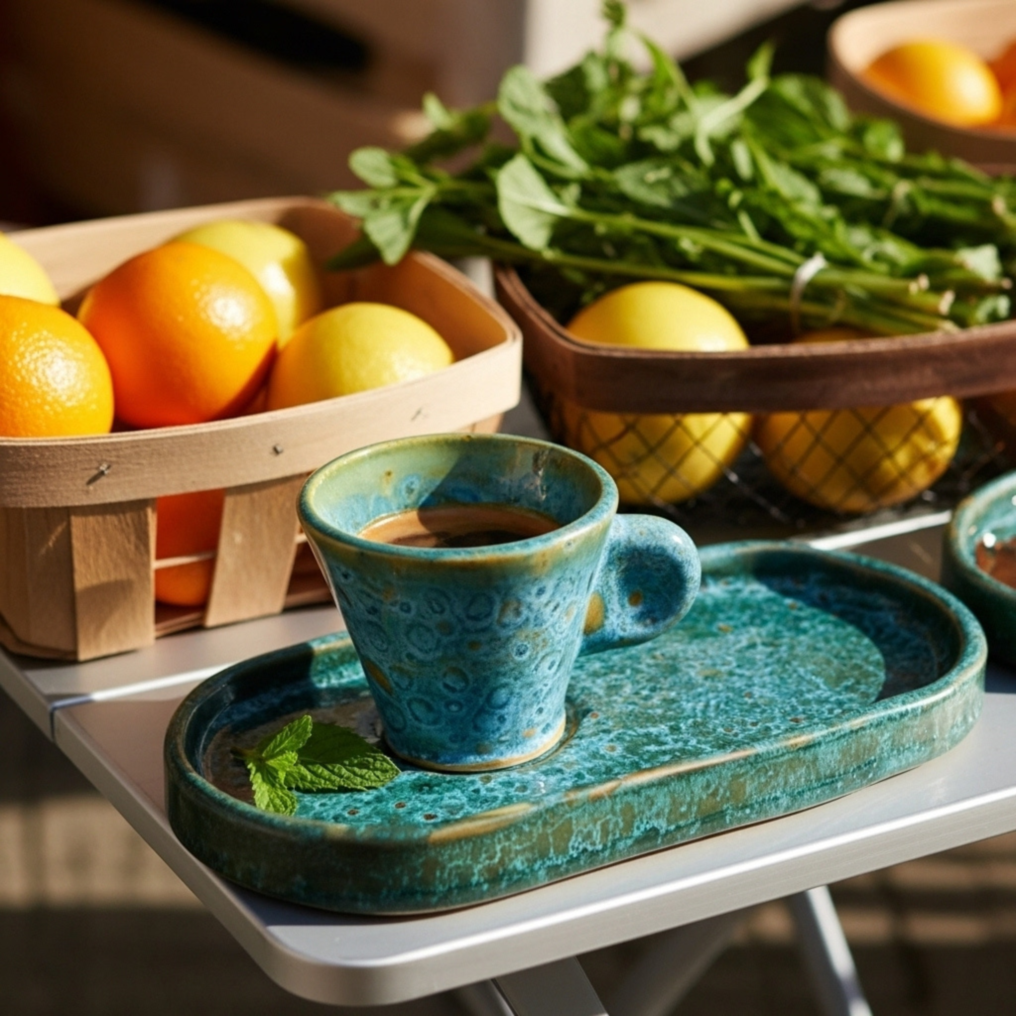 Set espresso en céramique – tasse + plateau, émail vert