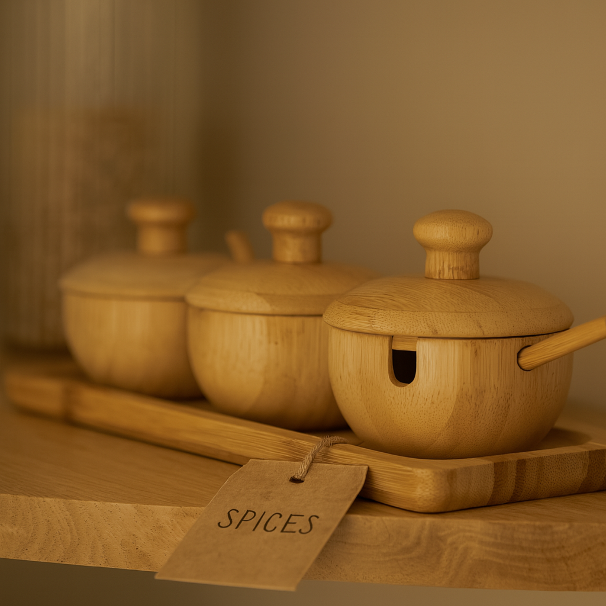 Trio de pots à épices en bambou | Cuillères et plateau | Fiolla Home