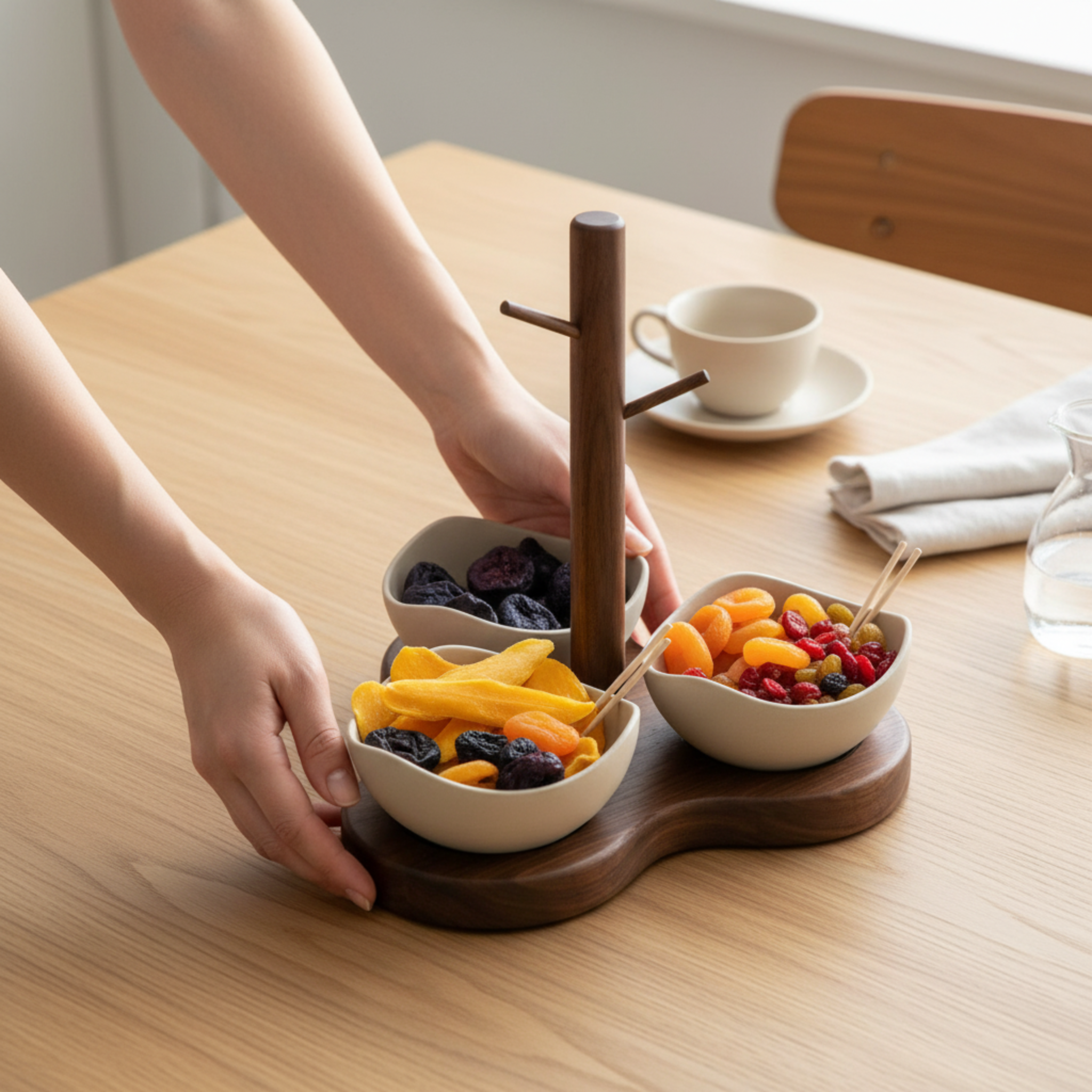 Service Apéritif Design Bois & 3 Bols Céramique – Élégance Naturelle