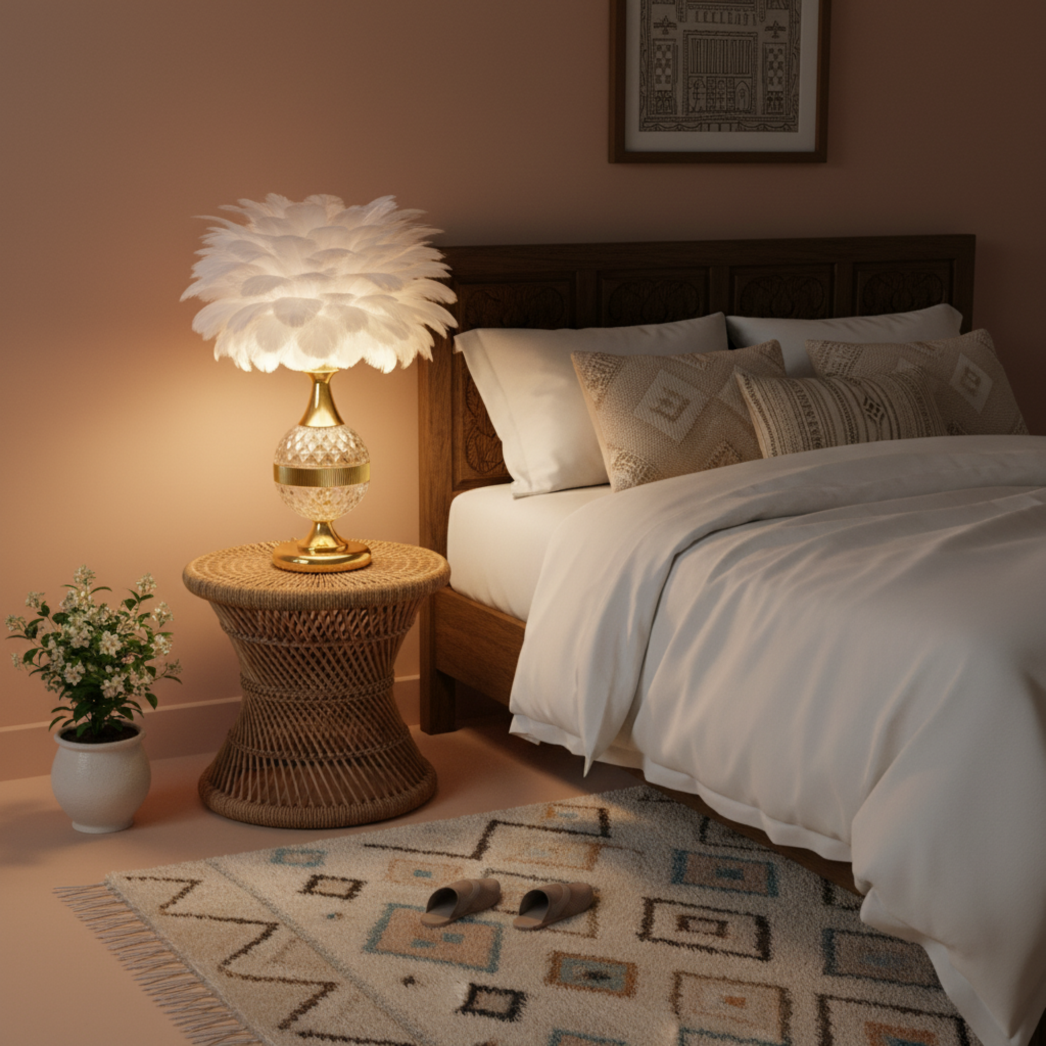 Lampe de Chevet à Plumes Blanches – Veilleuse Élégante Dorée Tunisie | Fiolla Home