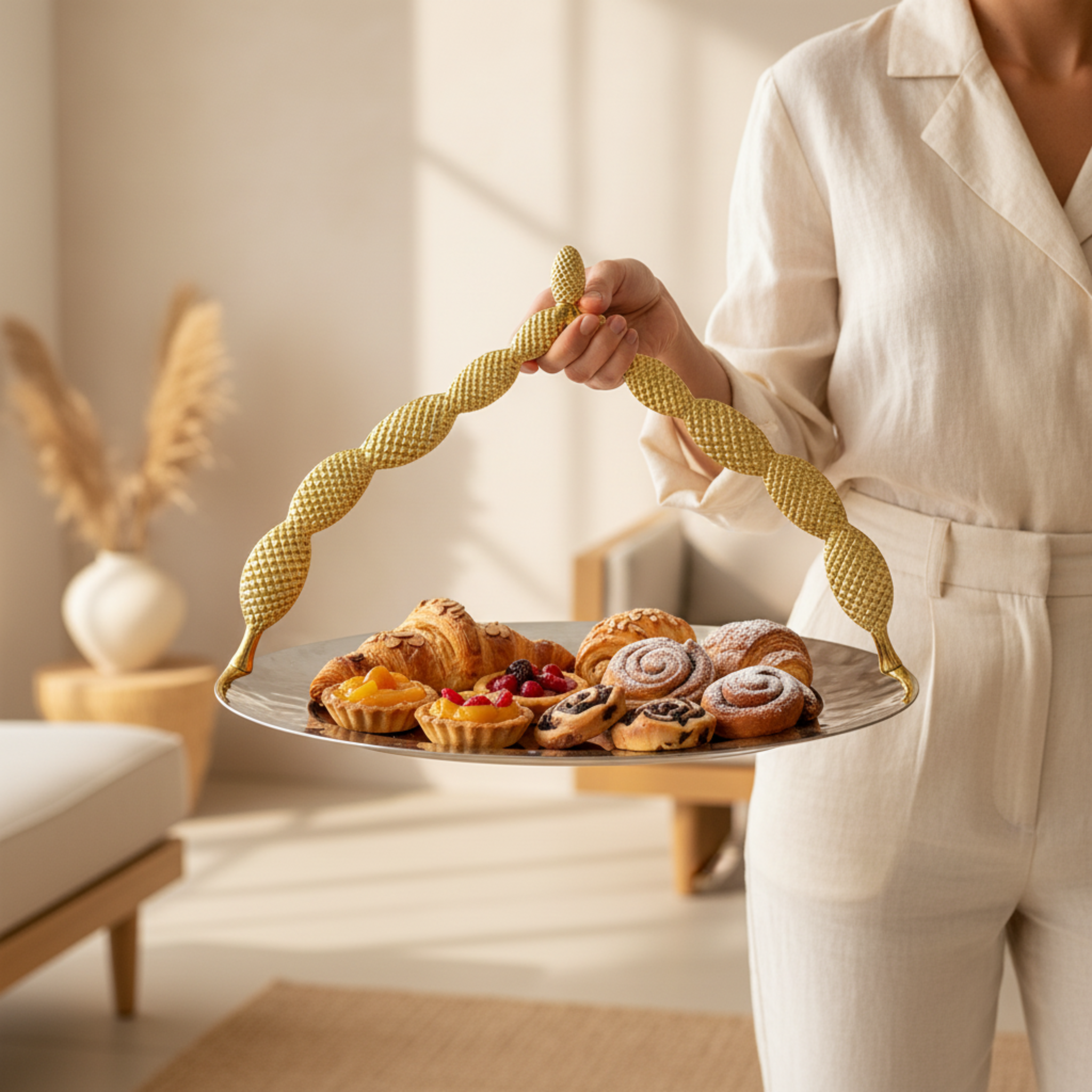 Plateau de Service Rond - Anse Cuivre Indien Doré & Inox Premium