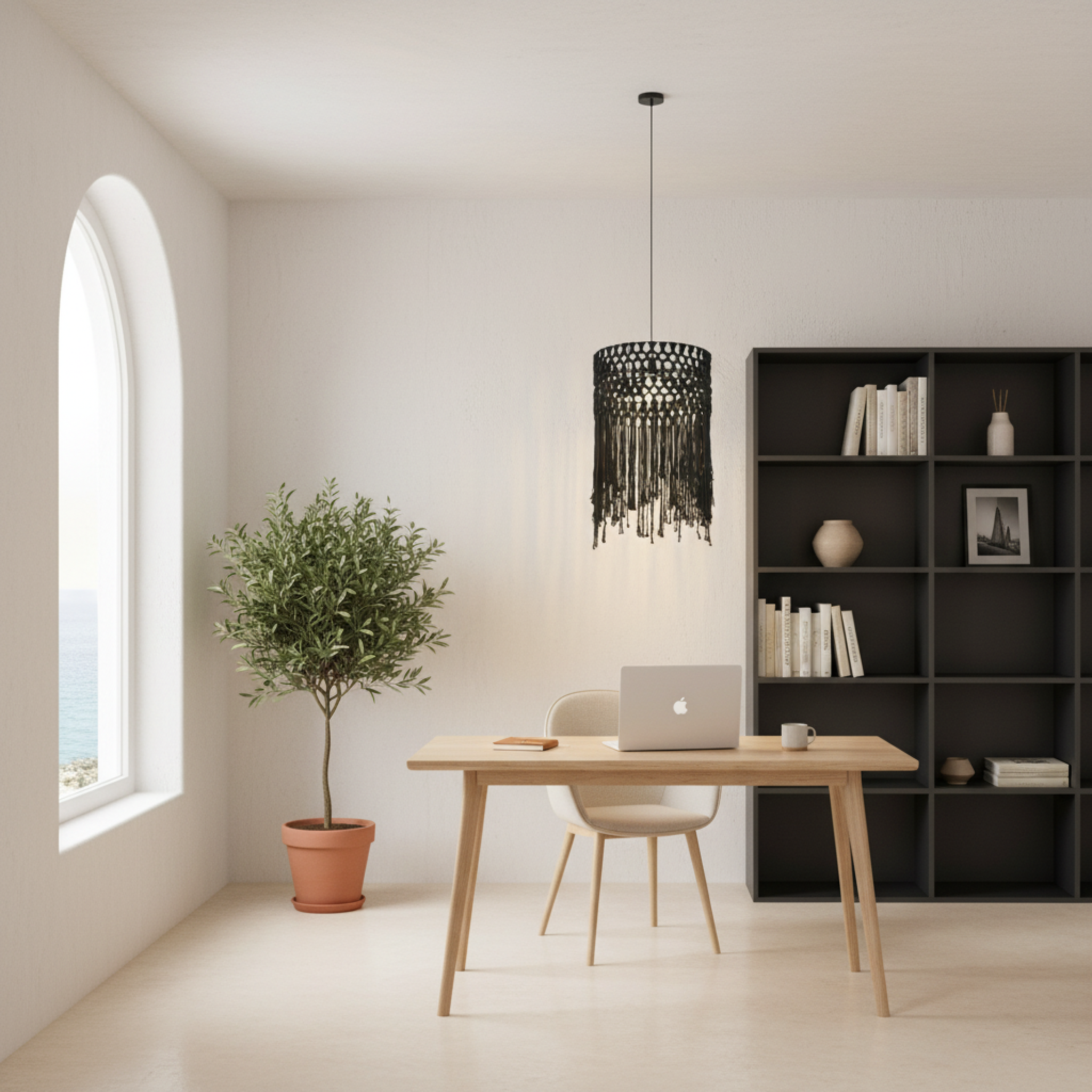 Suspension Macramé Noir Franges | Design Bohème Chic | Tunisie