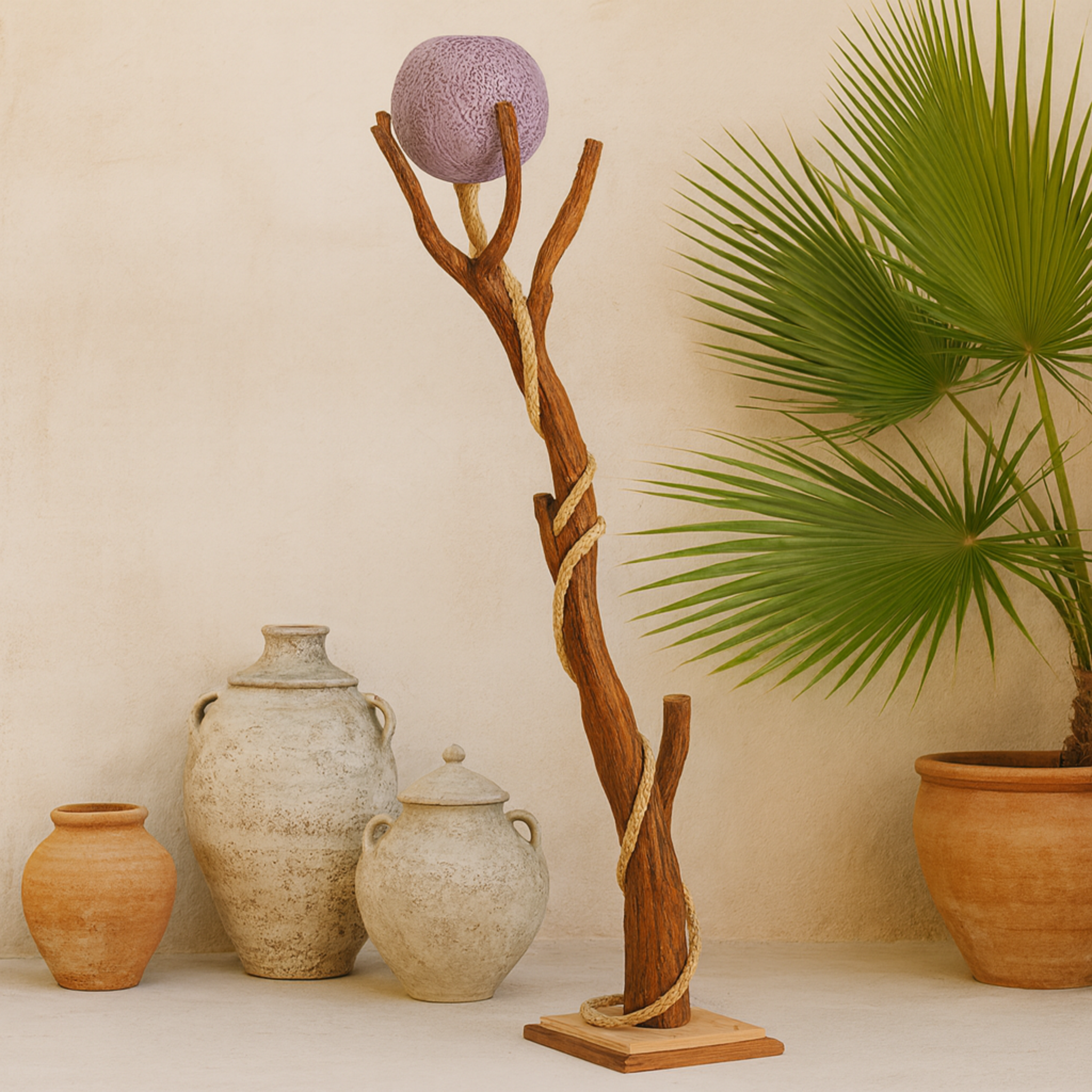 Lampadaire Artisanat Tunisien en Bois Naturel & Abat-Jour Tissé Violet