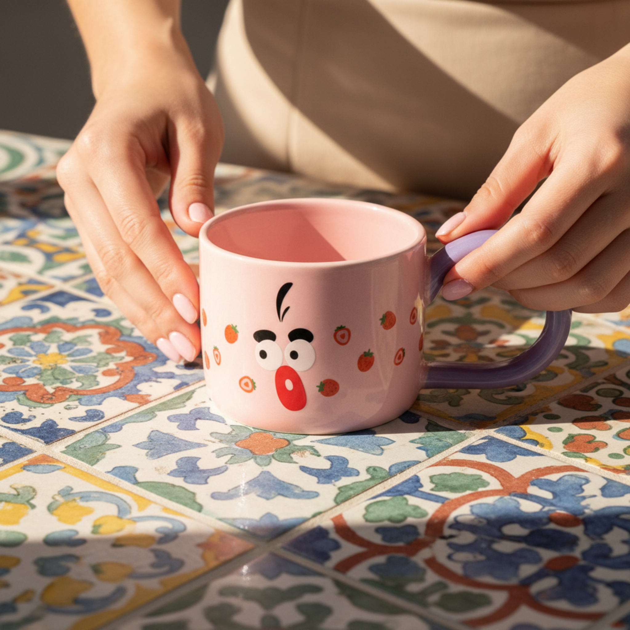 Mug Rose "Visage Surpris" & Fraises – Tasse Céramique Originale Tunisie