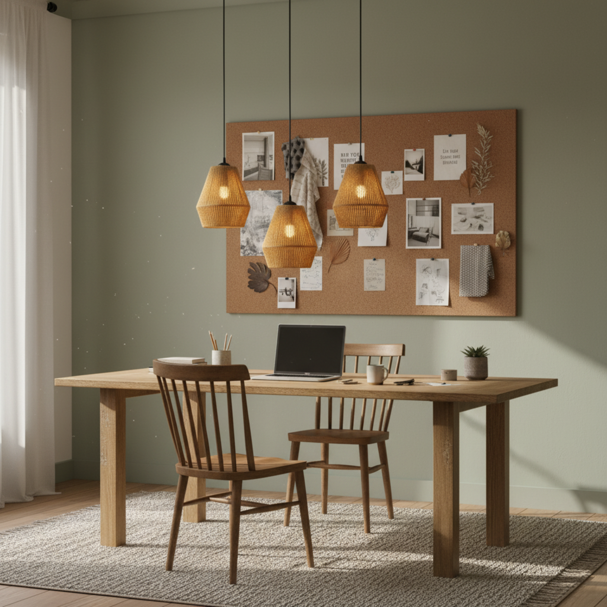 Suspension Barre 3 Lampes "Trio" – Lustre en Jute Tressé pour Îlot