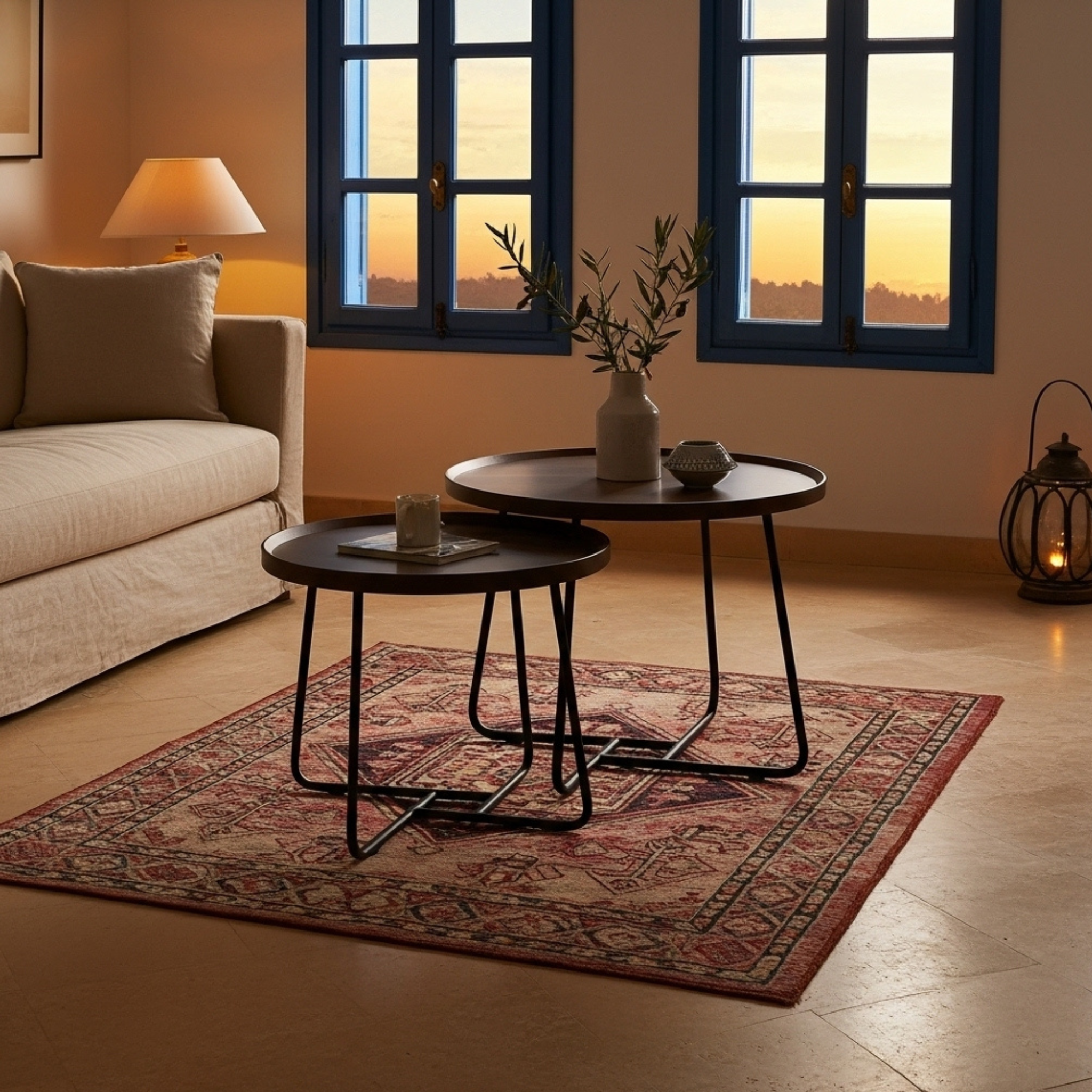 Tables Basses Rondes Design – Bois Foncé & Pieds Métalliques | Fiolla Home Tunisie