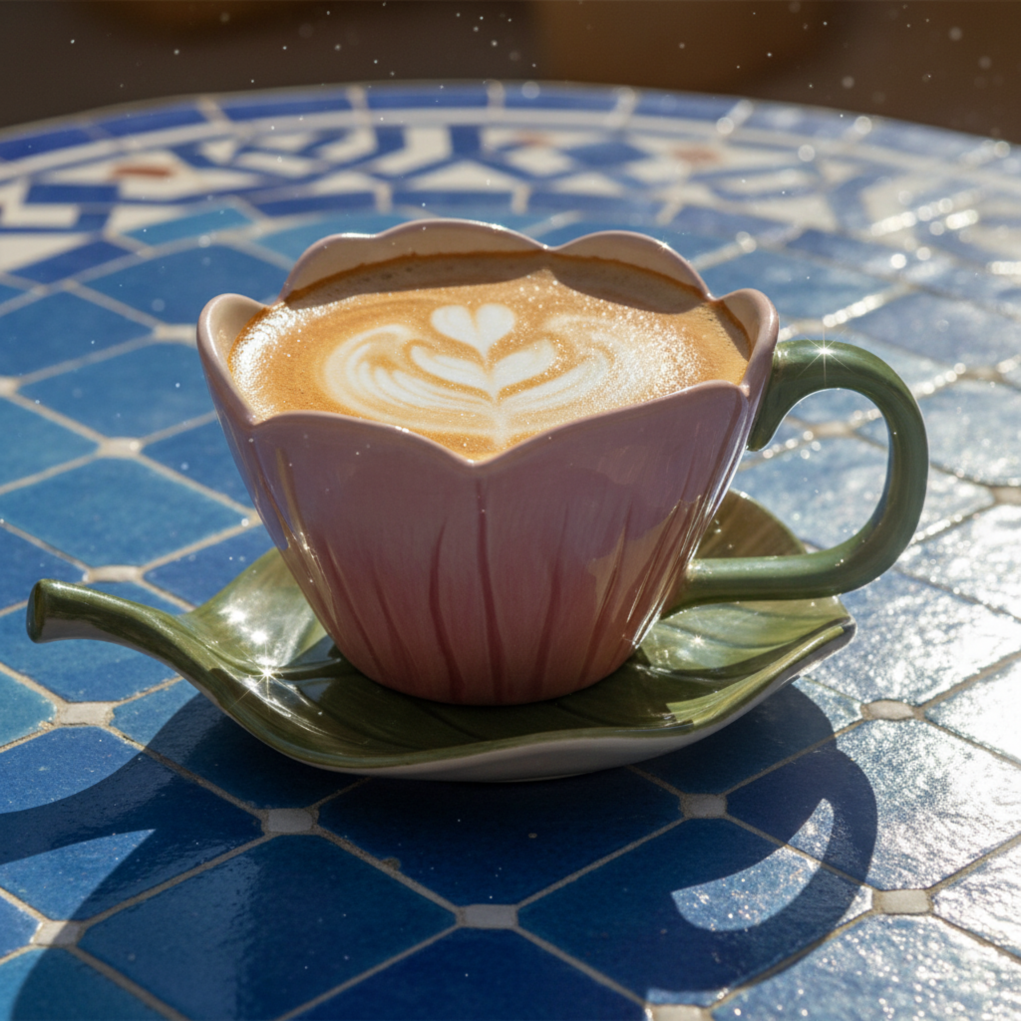 Mug Fleur Rose en Céramique avec Sous-Tasse Feuille – Style Bohème