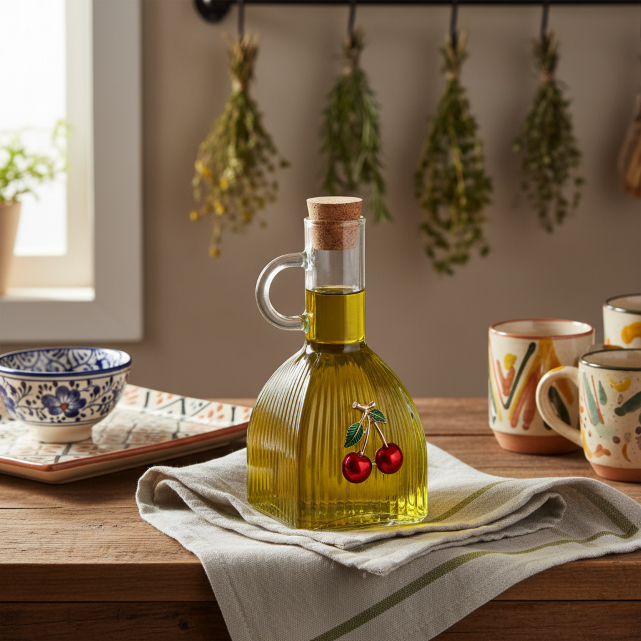 Huilier en Verre Côtelé Motif Cerises - Design Élégant Tunisie