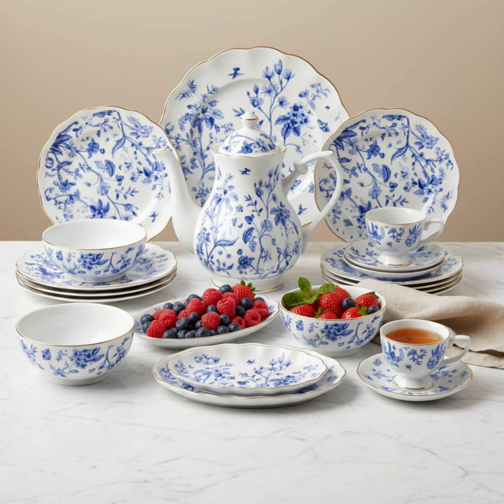 Service Petit Déjeuner 29 Pièces – Porcelaine Bleue & Dorure