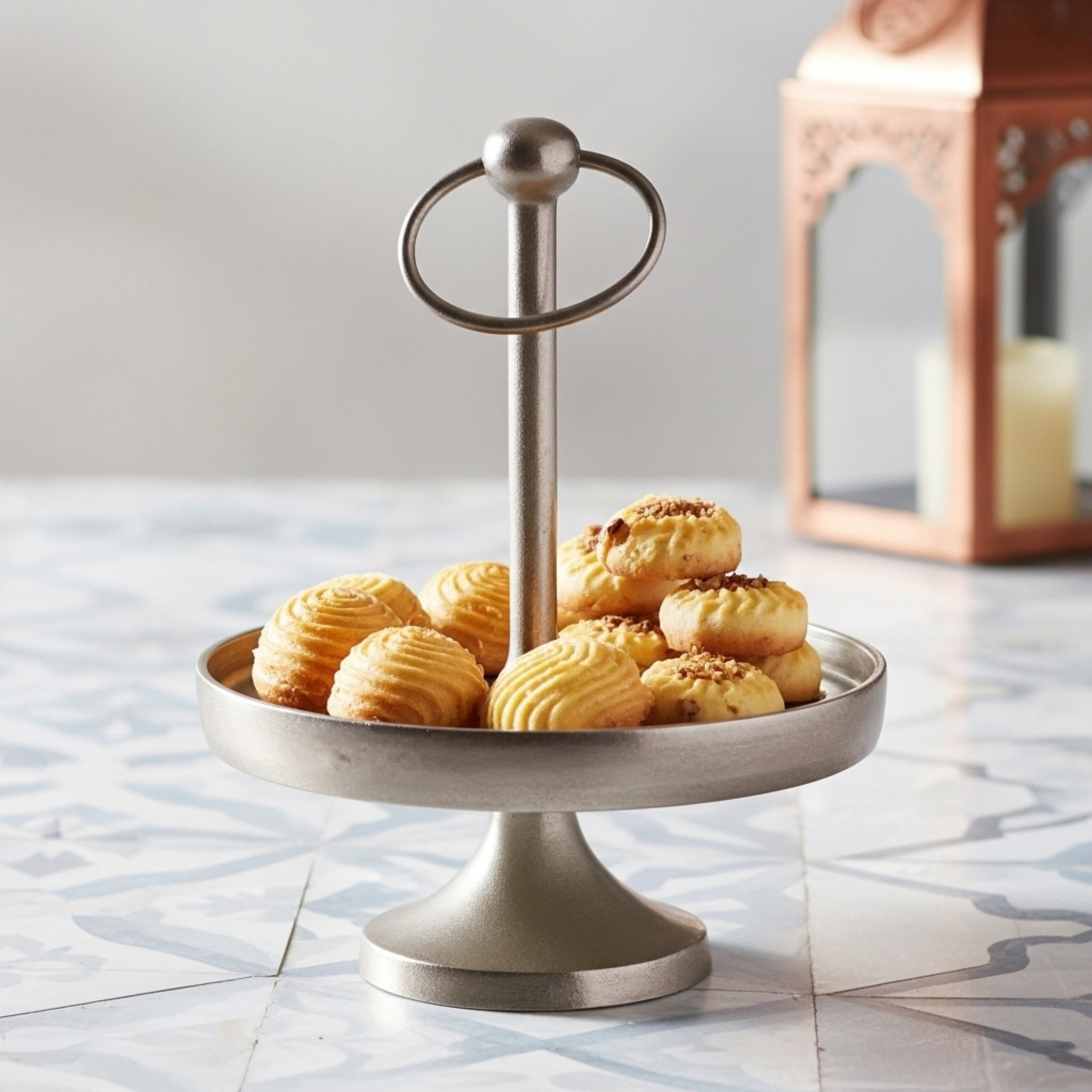 Présentoir en cuivre indien – Plateau sur pied avec anse