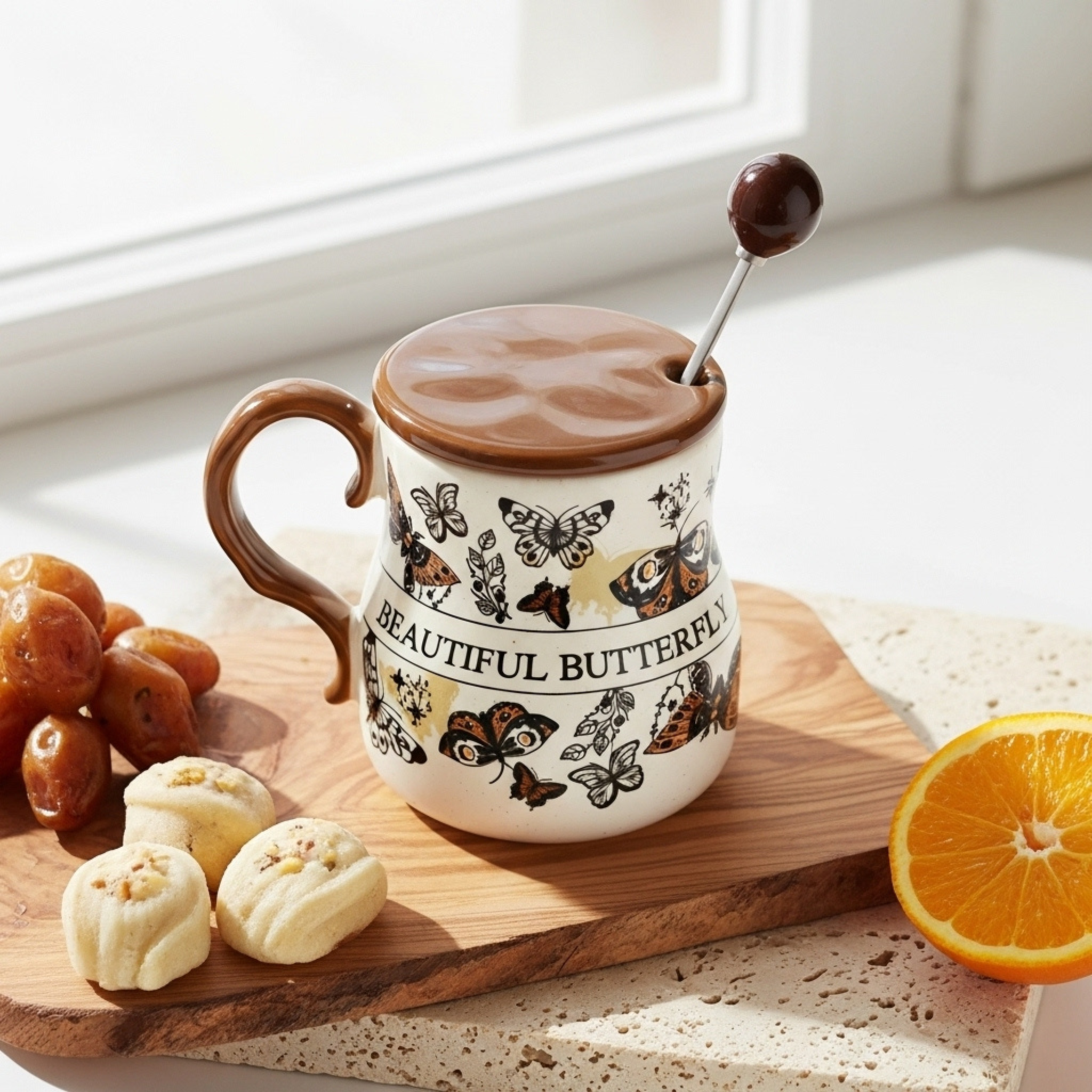 Mug Beautiful Butterfly – Céramique Mouchetée, Couvercle Caramel