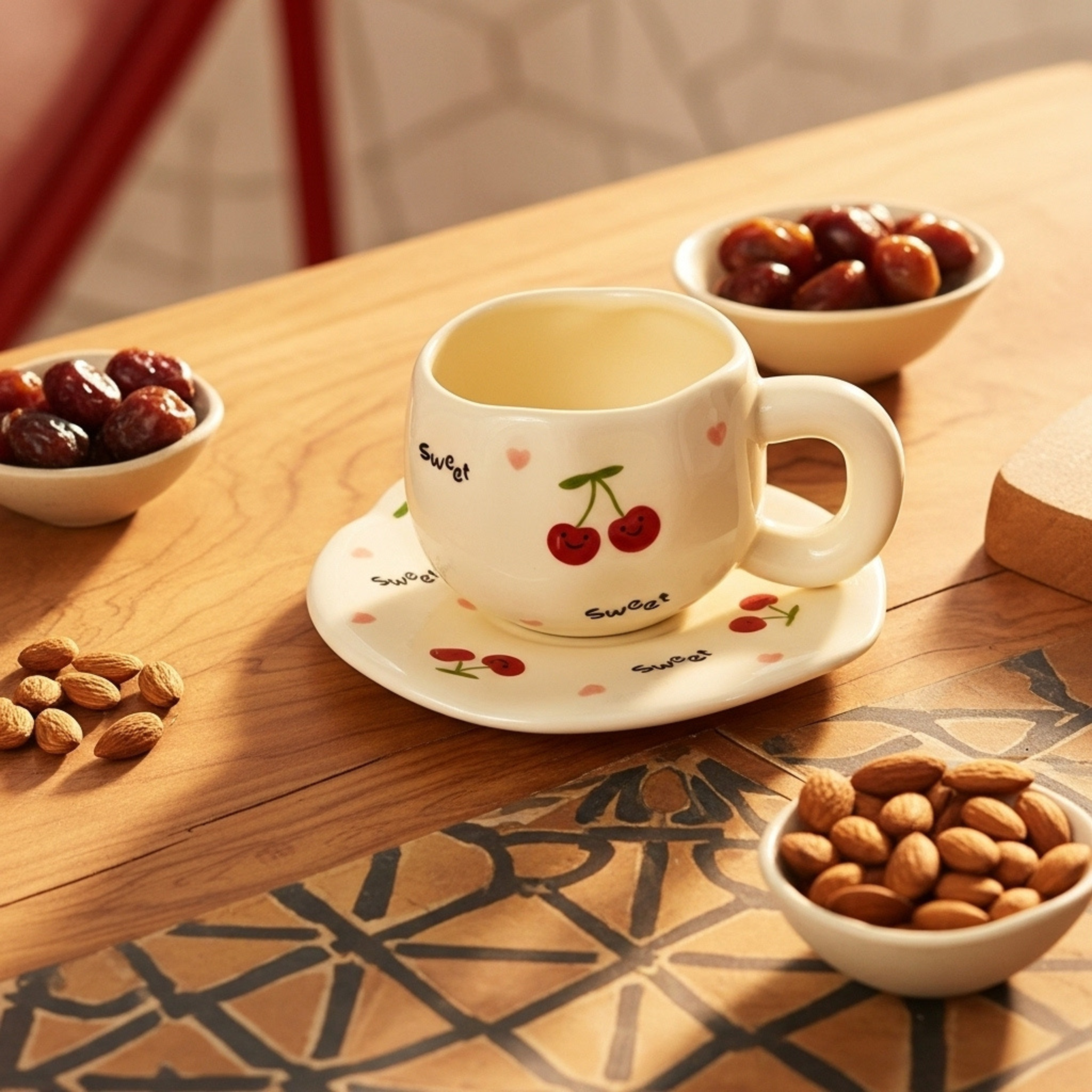 Mug Cerises Kawaii – Set Tasse & Sous-Tasse pour Café